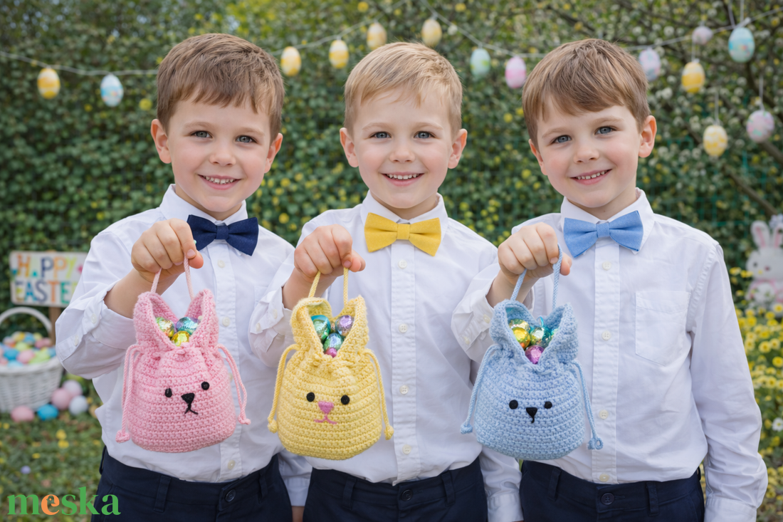 Húsvéti csokigyűjtő, pénzátadó horgolt nyuszizsákok - ünnepi díszek, dekorációk - húsvéti díszek és dekorációk - húsvéti ajándékátadó - Meska.hu