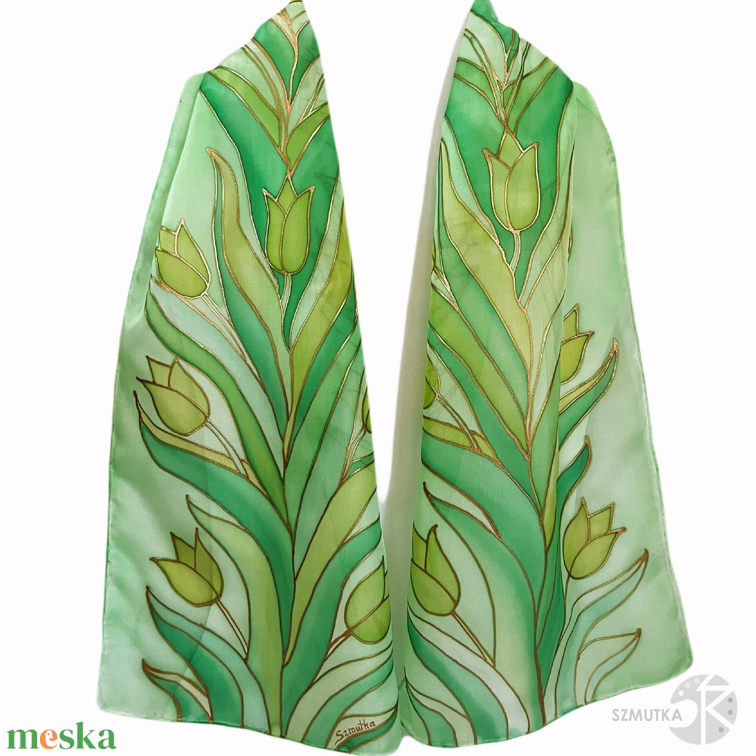 Zöld tulipános sál, selyemsál, kézzel festett - ruha & divat - sál, sapka, kendő - sál - Meska.hu