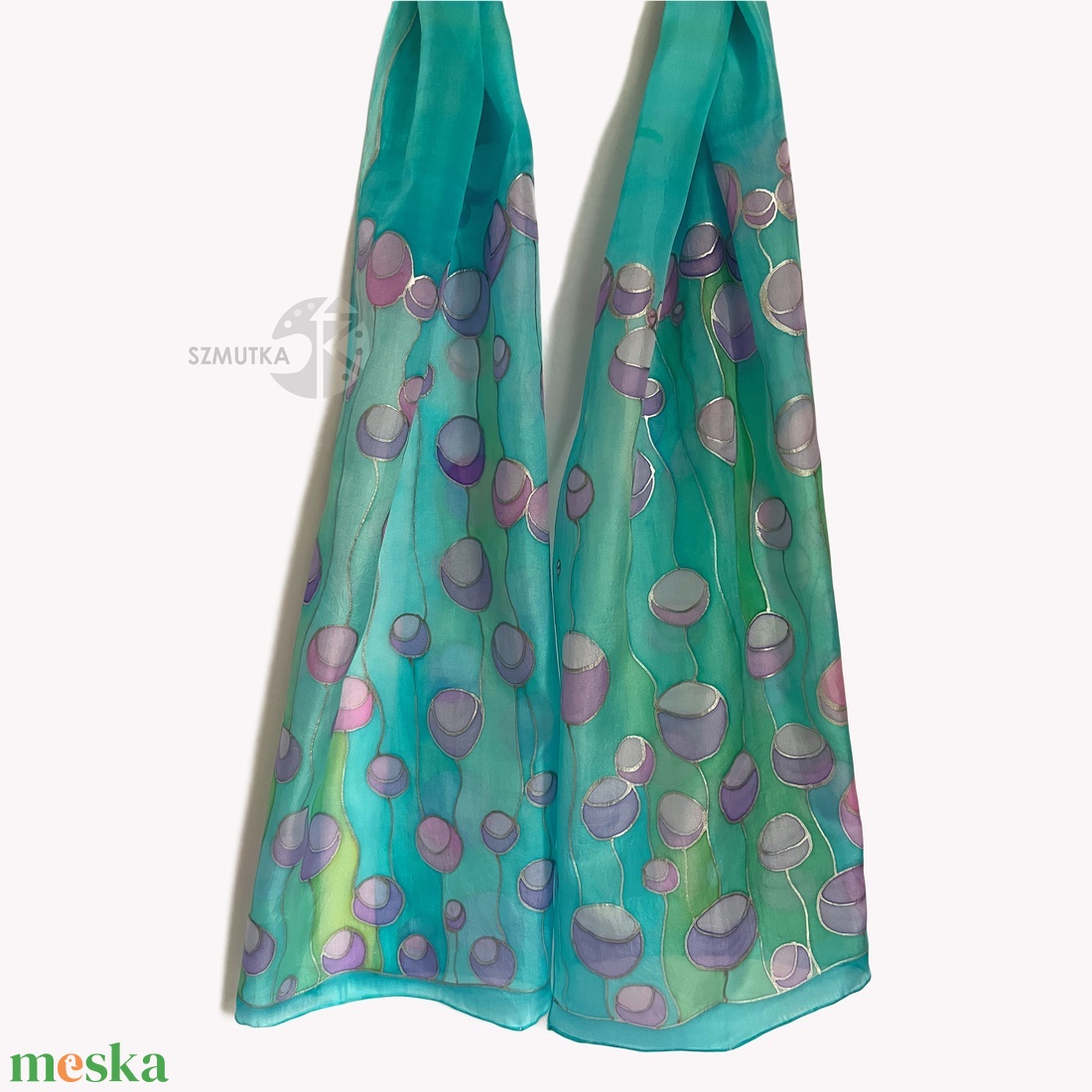 Kékes zöld sál virág motívummal - kézzel festett - ruha & divat - sál, sapka, kendő - sál - Meska.hu