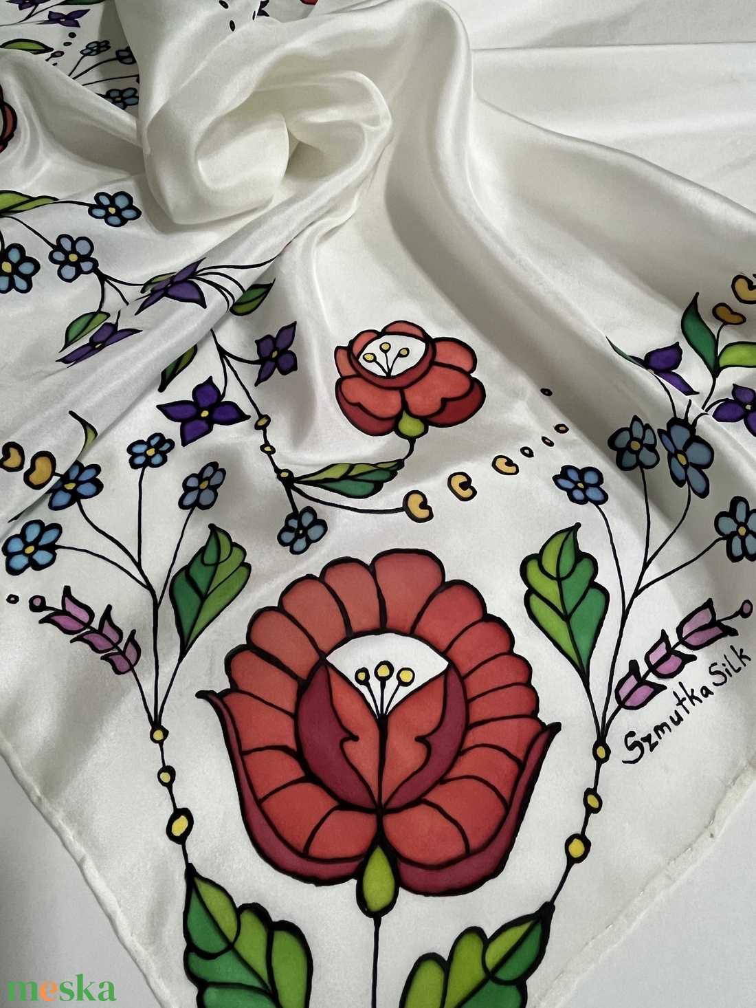 Kalocsai mintás SelyemKendő, hazai kézműves termék, magyaros ajándék, elegáns, népi - ruha & divat - sál, sapka, kendő - kendő - Meska.hu