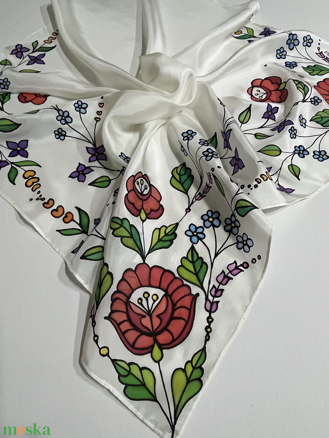 Kalocsai mintás SelyemKendő, hazai kézműves termék, magyaros ajándék, elegáns, népi - ruha & divat - sál, sapka, kendő - kendő - Meska.hu