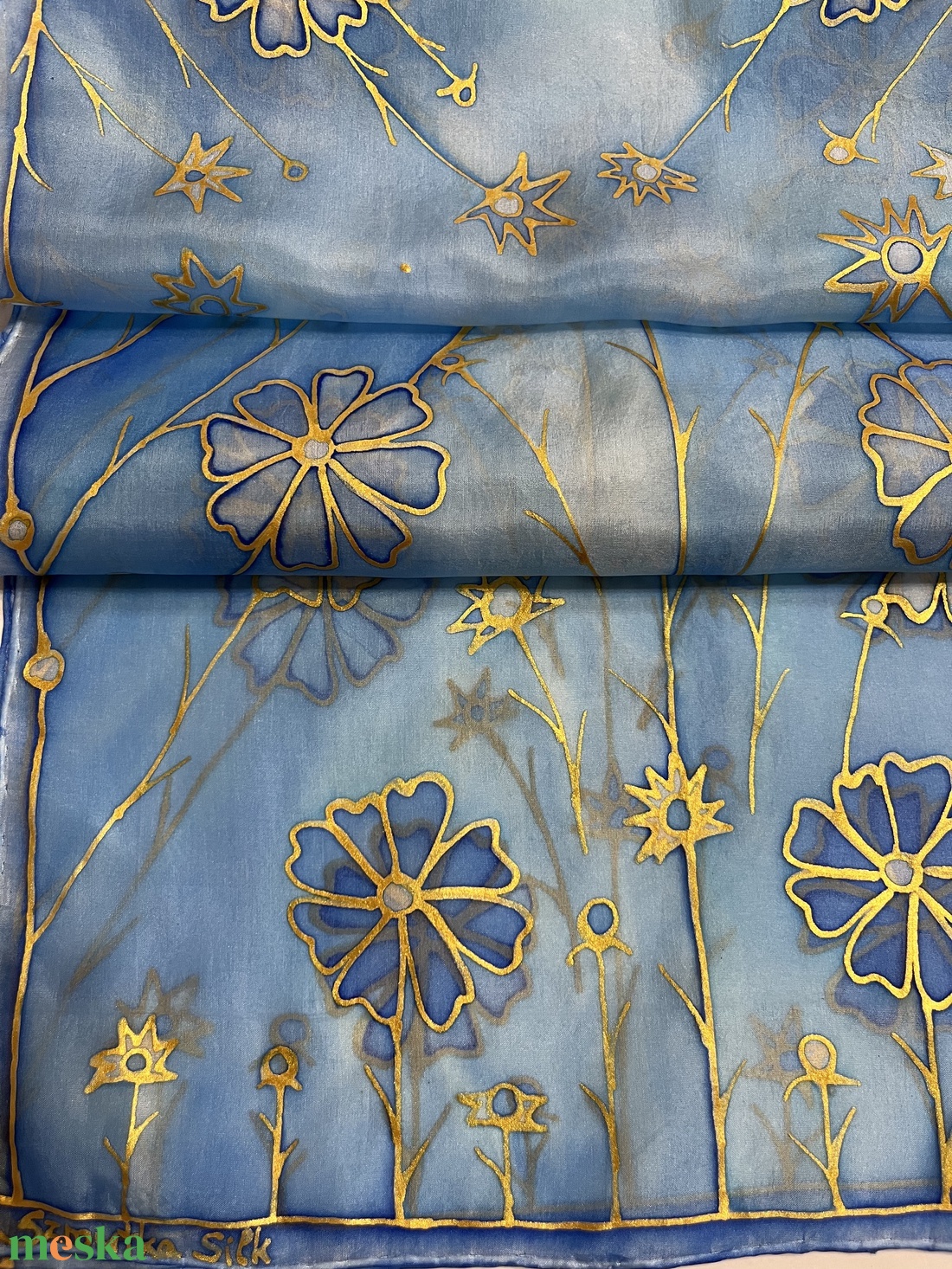 Kék, apró Virágos sál - kézzel festett - ruha & divat - sál, sapka, kendő - sál - Meska.hu