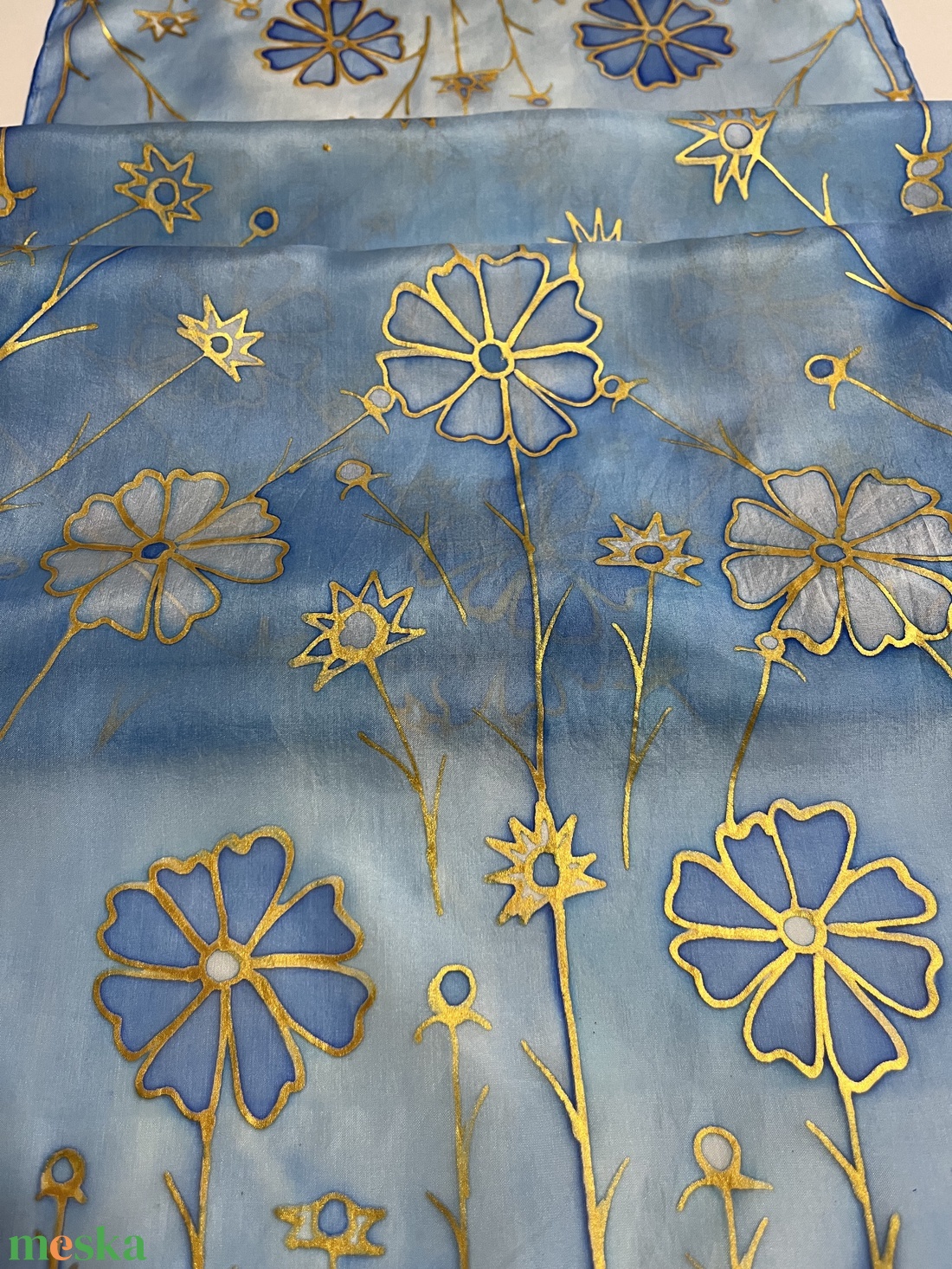 Kék, apró Virágos sál - kézzel festett - ruha & divat - sál, sapka, kendő - sál - Meska.hu