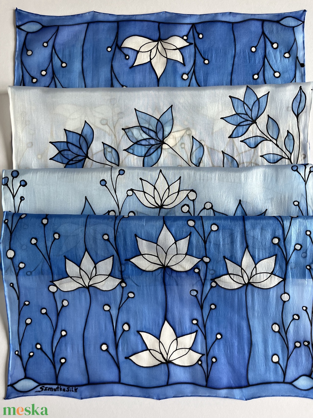 Királykék 100% selyem sál köszönő ajándék virágos átmenetes sál - ruha & divat - sál, sapka, kendő - sál - Meska.hu