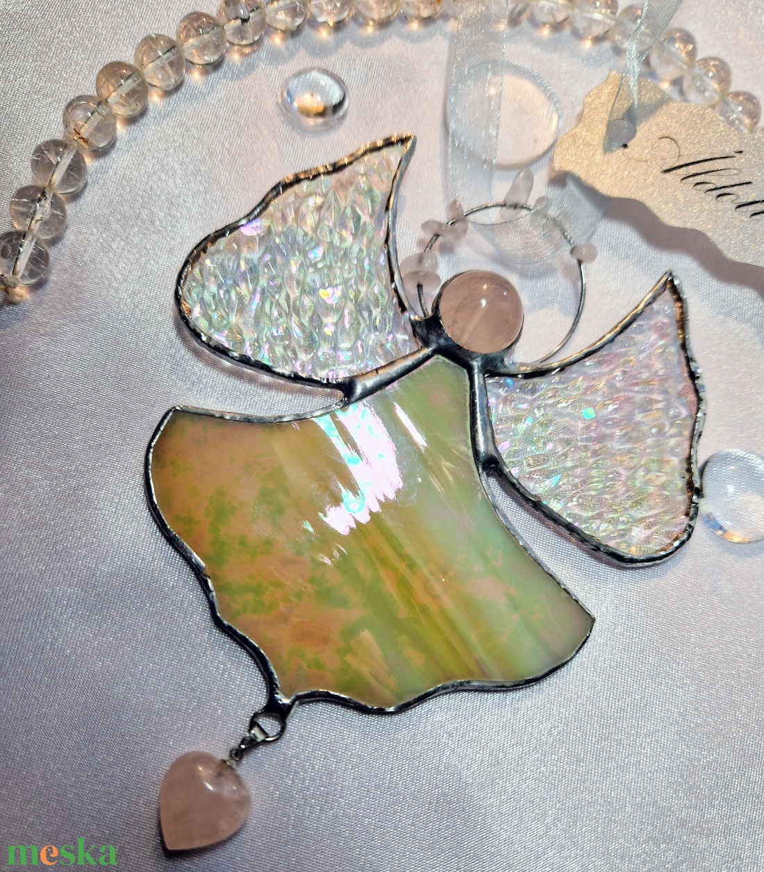 Rózsakristály angyal beige ruhában - karácsony - karácsonyi lakásdekoráció - karácsonyi ablakdíszek, ablakmatricák - Meska.hu