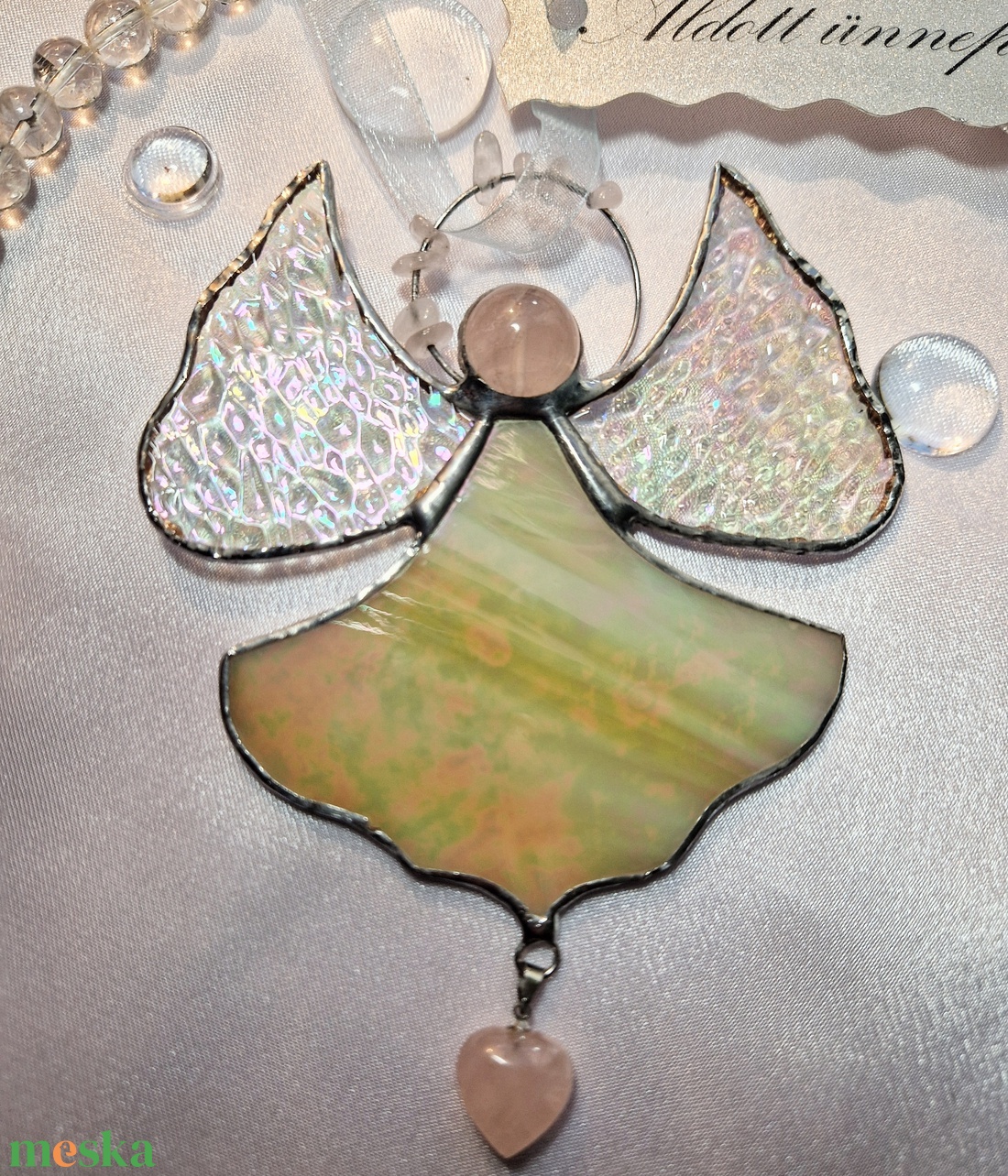 Rózsakristály angyal beige ruhában - karácsony - karácsonyi lakásdekoráció - karácsonyi ablakdíszek, ablakmatricák - Meska.hu