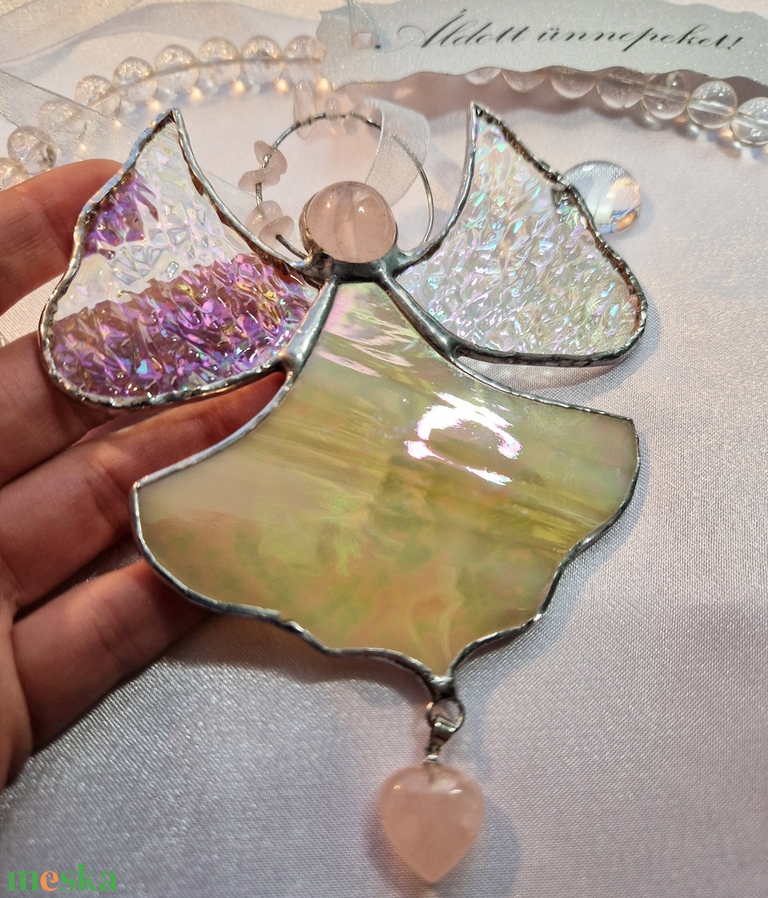 Rózsakristály angyal beige ruhában - karácsony - karácsonyi lakásdekoráció - karácsonyi ablakdíszek, ablakmatricák - Meska.hu