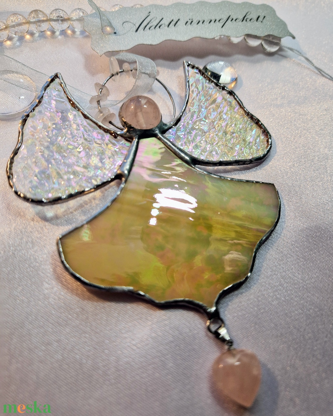 Rózsakristály angyal beige ruhában - karácsony - karácsonyi lakásdekoráció - karácsonyi ablakdíszek, ablakmatricák - Meska.hu