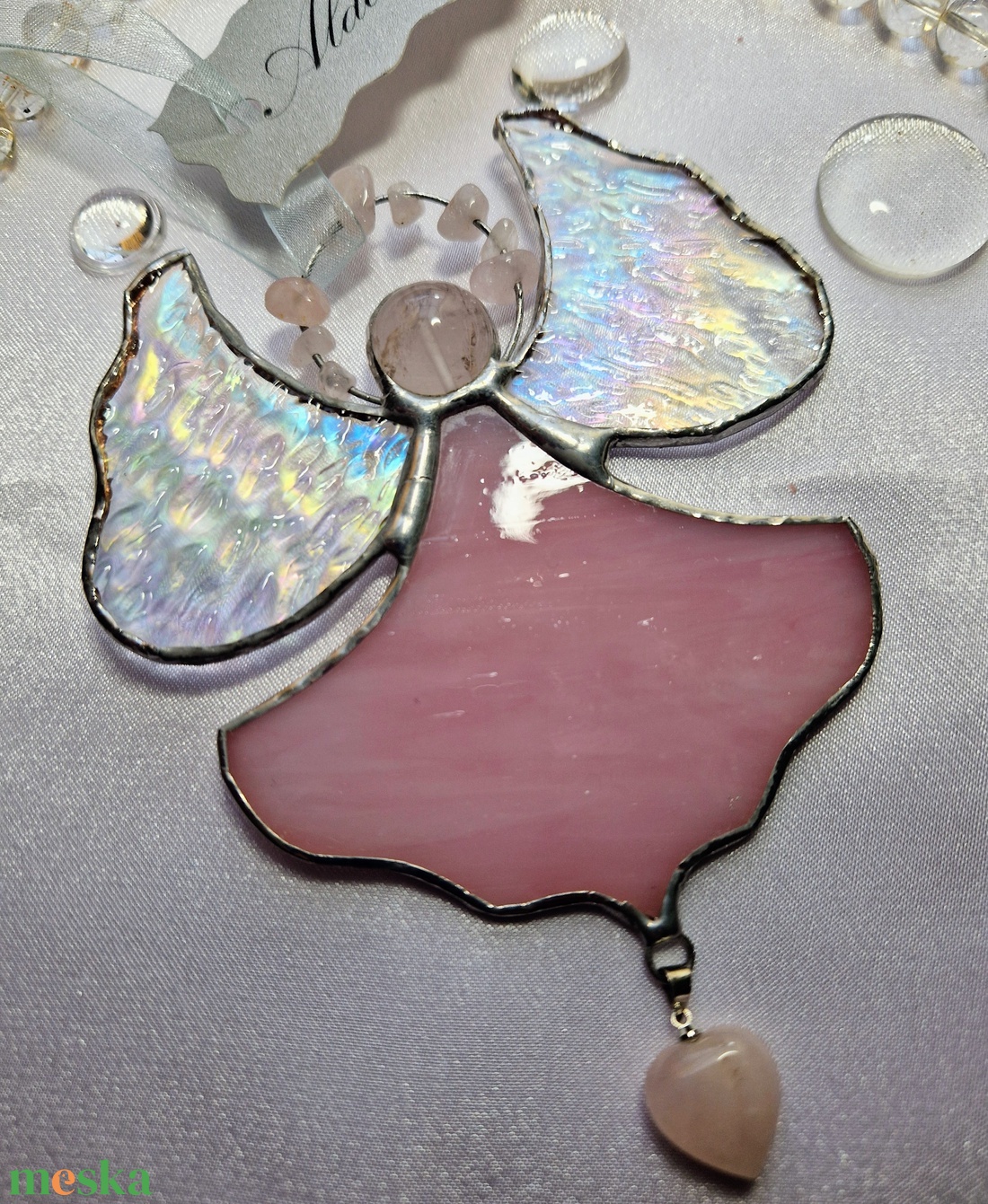 Rózsakvarc kristályangyal - karácsony - karácsonyi lakásdekoráció - karácsonyi ablakdíszek, ablakmatricák - Meska.hu