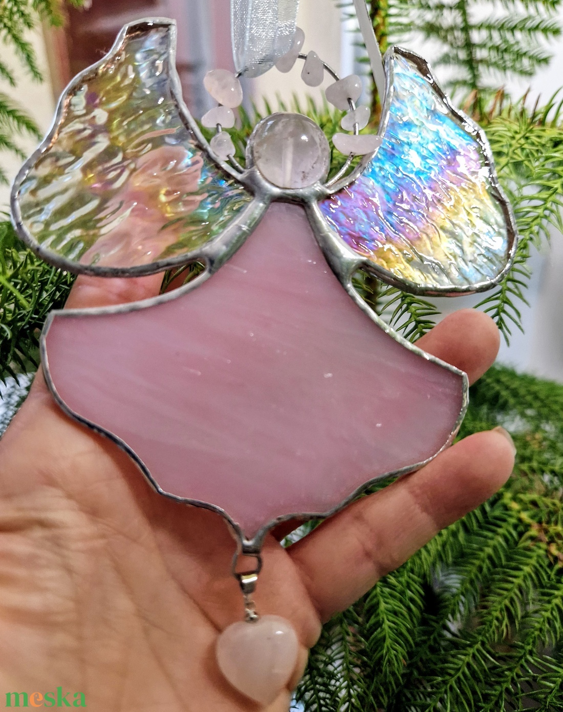 Rózsakvarc kristályangyal - karácsony - karácsonyi lakásdekoráció - karácsonyi ablakdíszek, ablakmatricák - Meska.hu