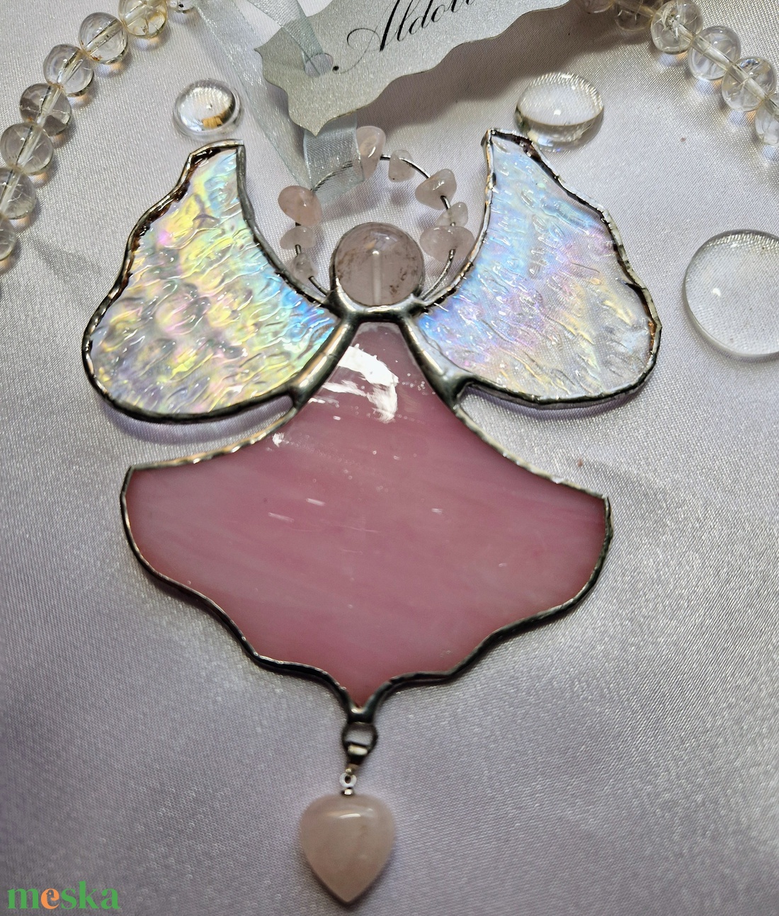 Rózsakvarc kristályangyal - karácsony - karácsonyi lakásdekoráció - karácsonyi ablakdíszek, ablakmatricák - Meska.hu