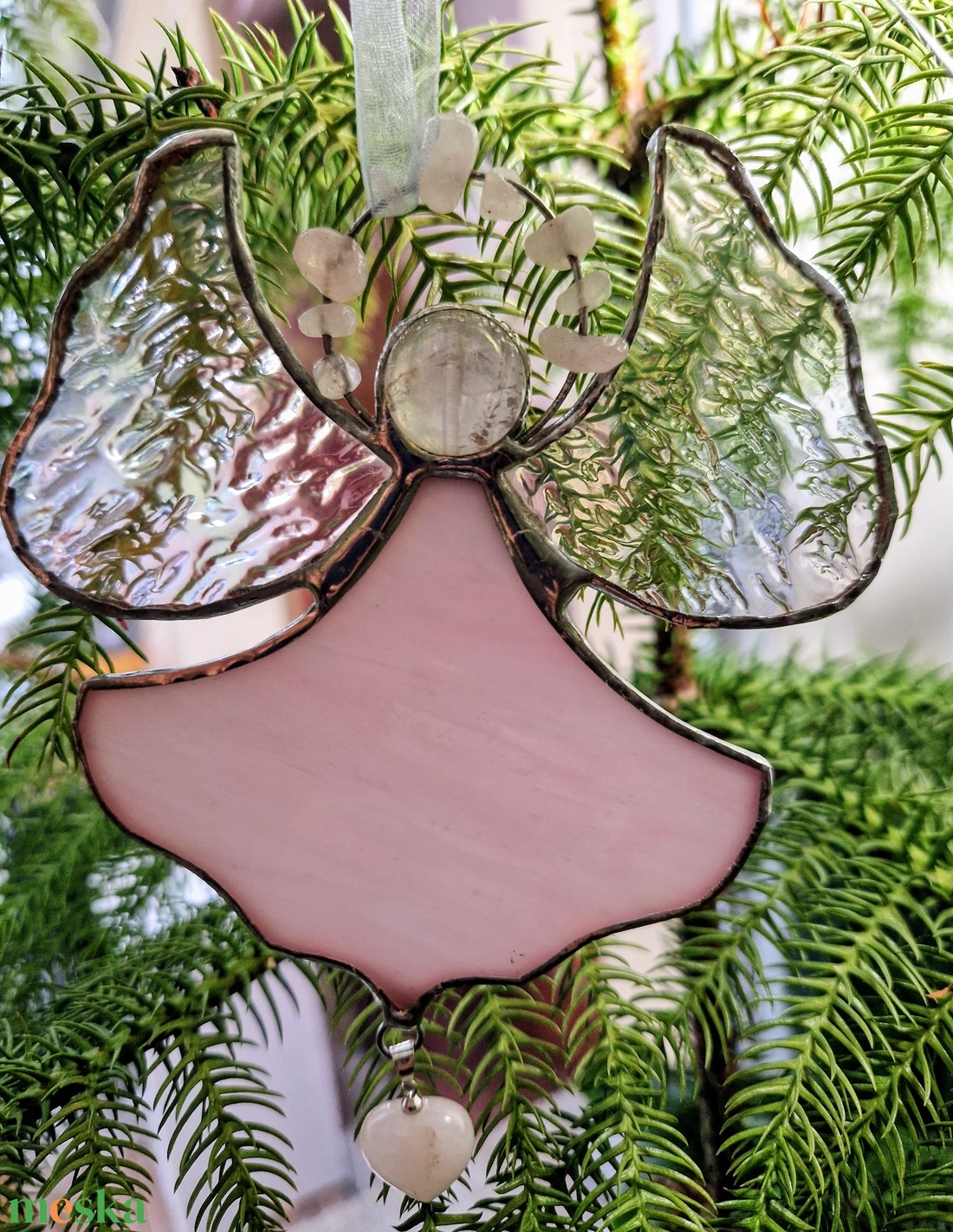 Rózsakvarc kristályangyal - karácsony - karácsonyi lakásdekoráció - karácsonyi ablakdíszek, ablakmatricák - Meska.hu