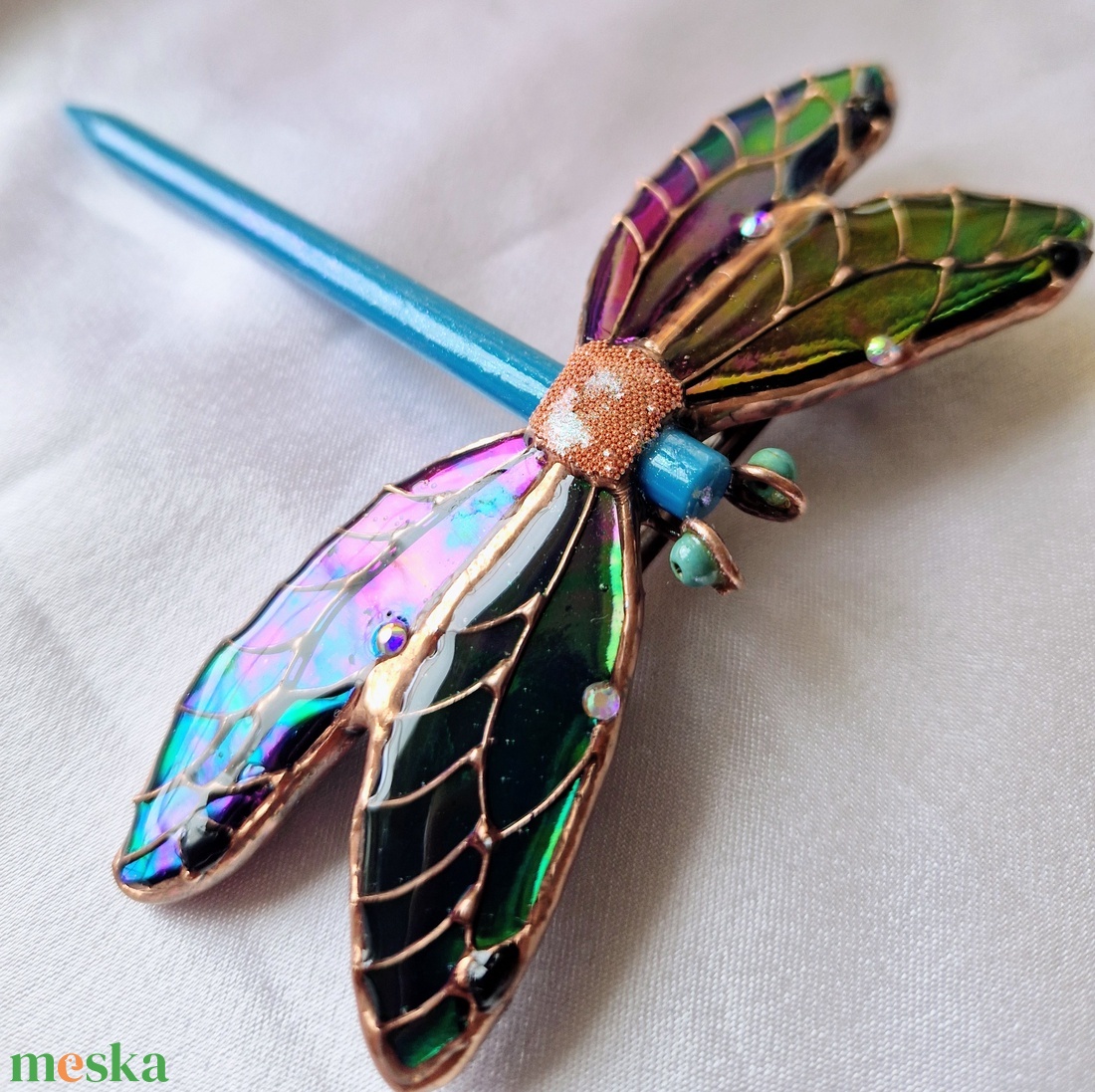 Szecessziós hajtű, francia hajcsat szitakötővel tiffany-ból - ruha & divat - hajdísz & hajcsat - hajcsat & hajtű - Meska.hu