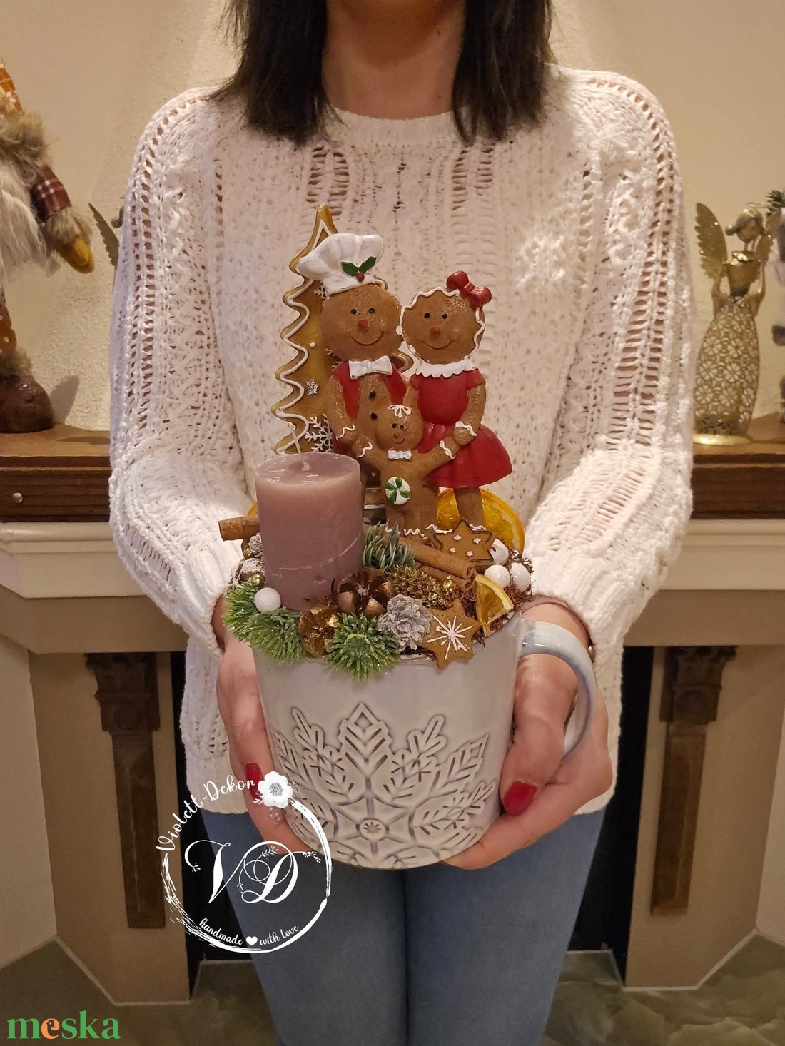 Mézeskalács jelenetes óriás bögrés dekoráció - karácsony - karácsonyi lakásdekoráció - ünnepi asztaldekoráció - Meska.hu