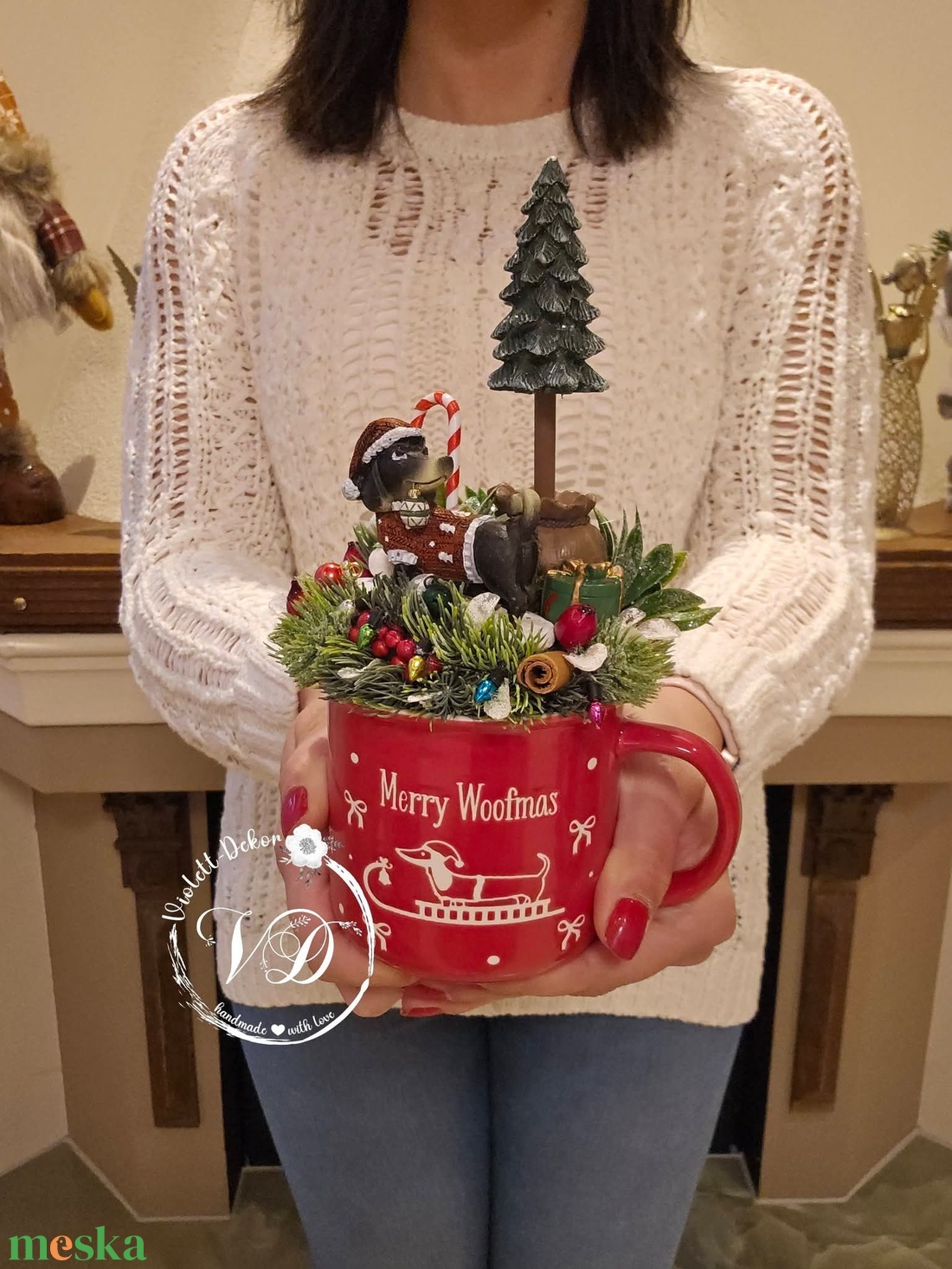 Tacskó jelenetes bögrés dekoráció - karácsony - karácsonyi lakásdekoráció - ünnepi asztaldekoráció - Meska.hu