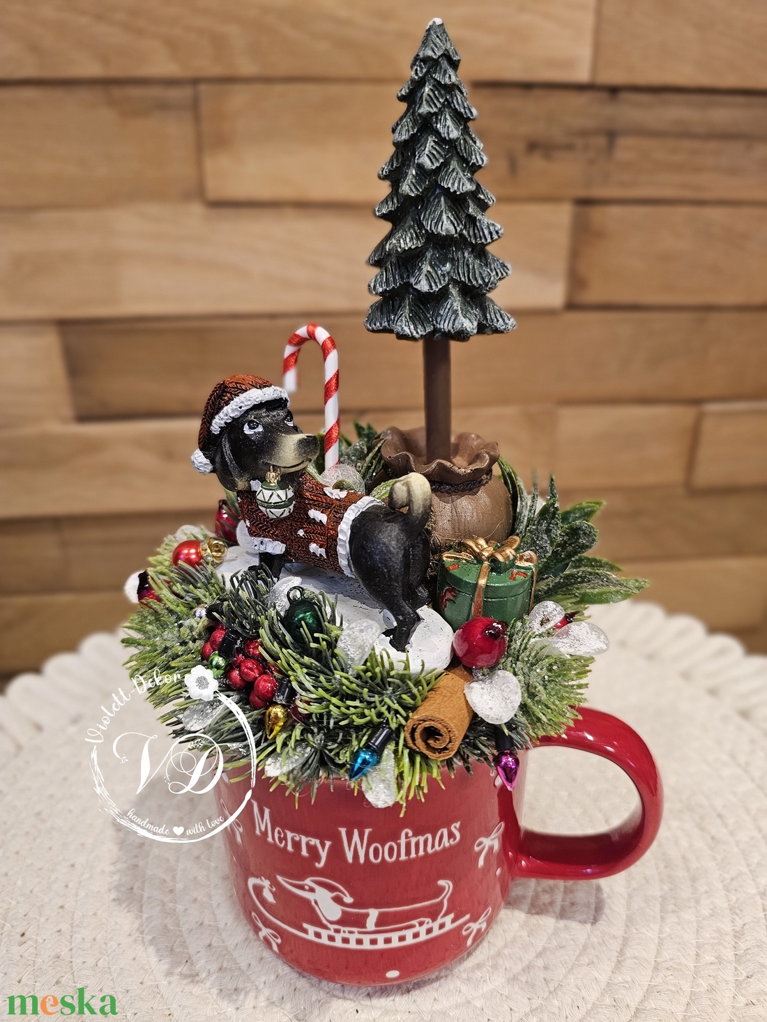 Tacskó jelenetes bögrés dekoráció - karácsony - karácsonyi lakásdekoráció - ünnepi asztaldekoráció - Meska.hu