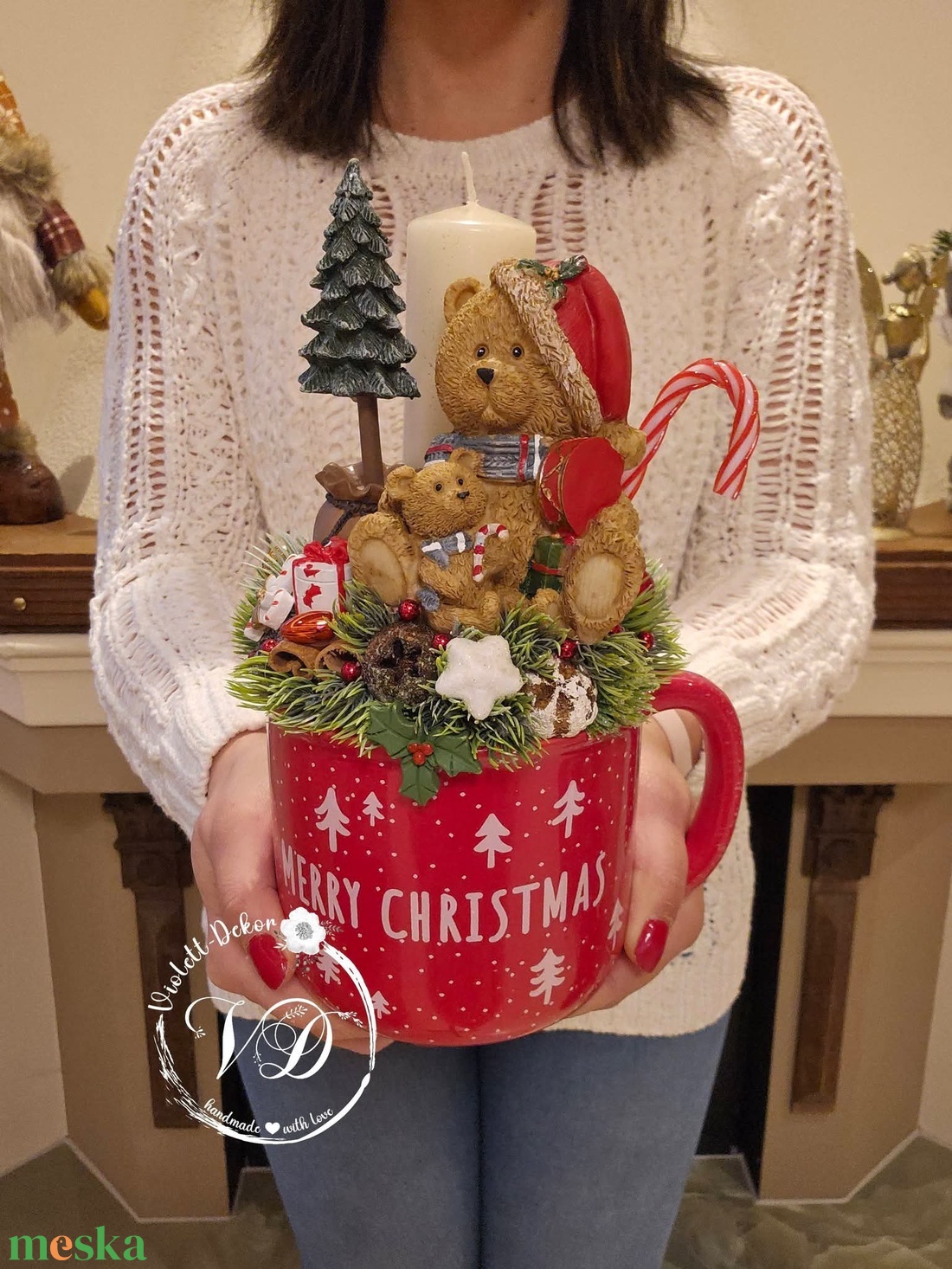 Maci jelenetes óriás bögrés dekoráció - karácsony - karácsonyi lakásdekoráció - ünnepi asztaldekoráció - Meska.hu