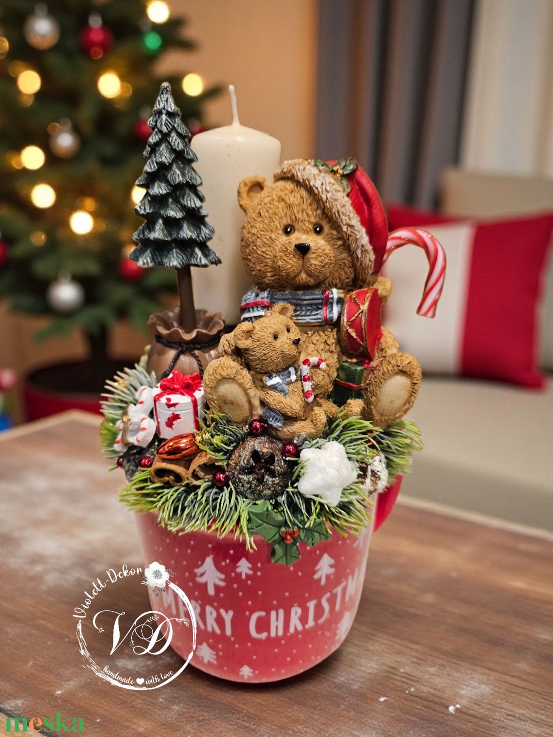 Maci jelenetes óriás bögrés dekoráció - karácsony - karácsonyi lakásdekoráció - ünnepi asztaldekoráció - Meska.hu