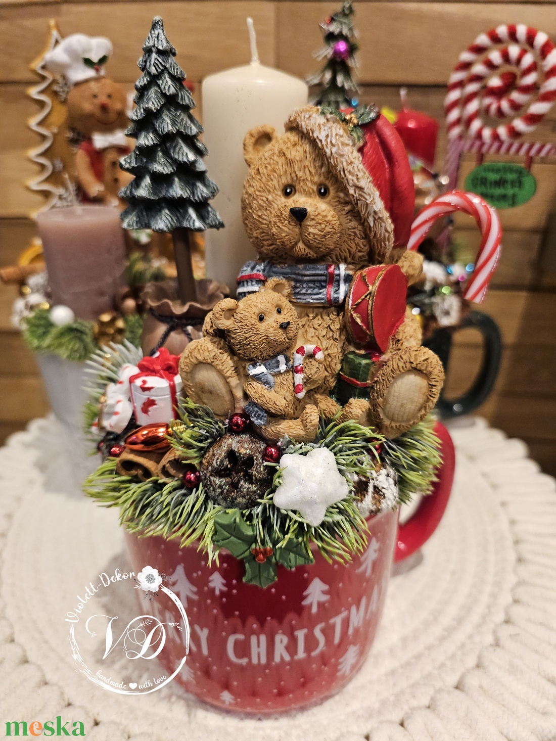 Maci jelenetes óriás bögrés dekoráció - karácsony - karácsonyi lakásdekoráció - ünnepi asztaldekoráció - Meska.hu
