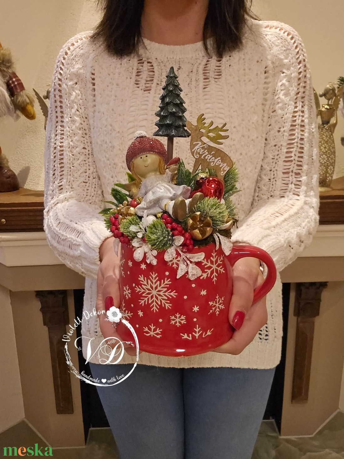 Kislány angyalka jelenetes óriás bögrés dekoráció - karácsony - karácsonyi lakásdekoráció - ünnepi asztaldekoráció - Meska.hu