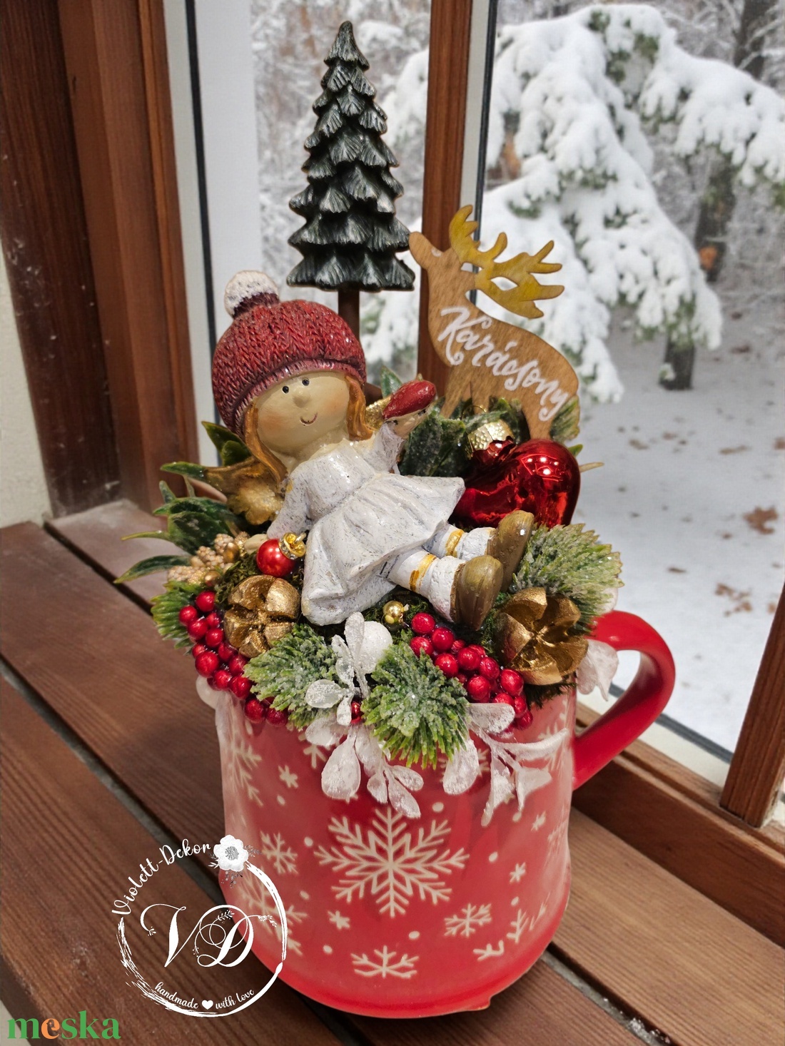 Kislány angyalka jelenetes óriás bögrés dekoráció - karácsony - karácsonyi lakásdekoráció - ünnepi asztaldekoráció - Meska.hu