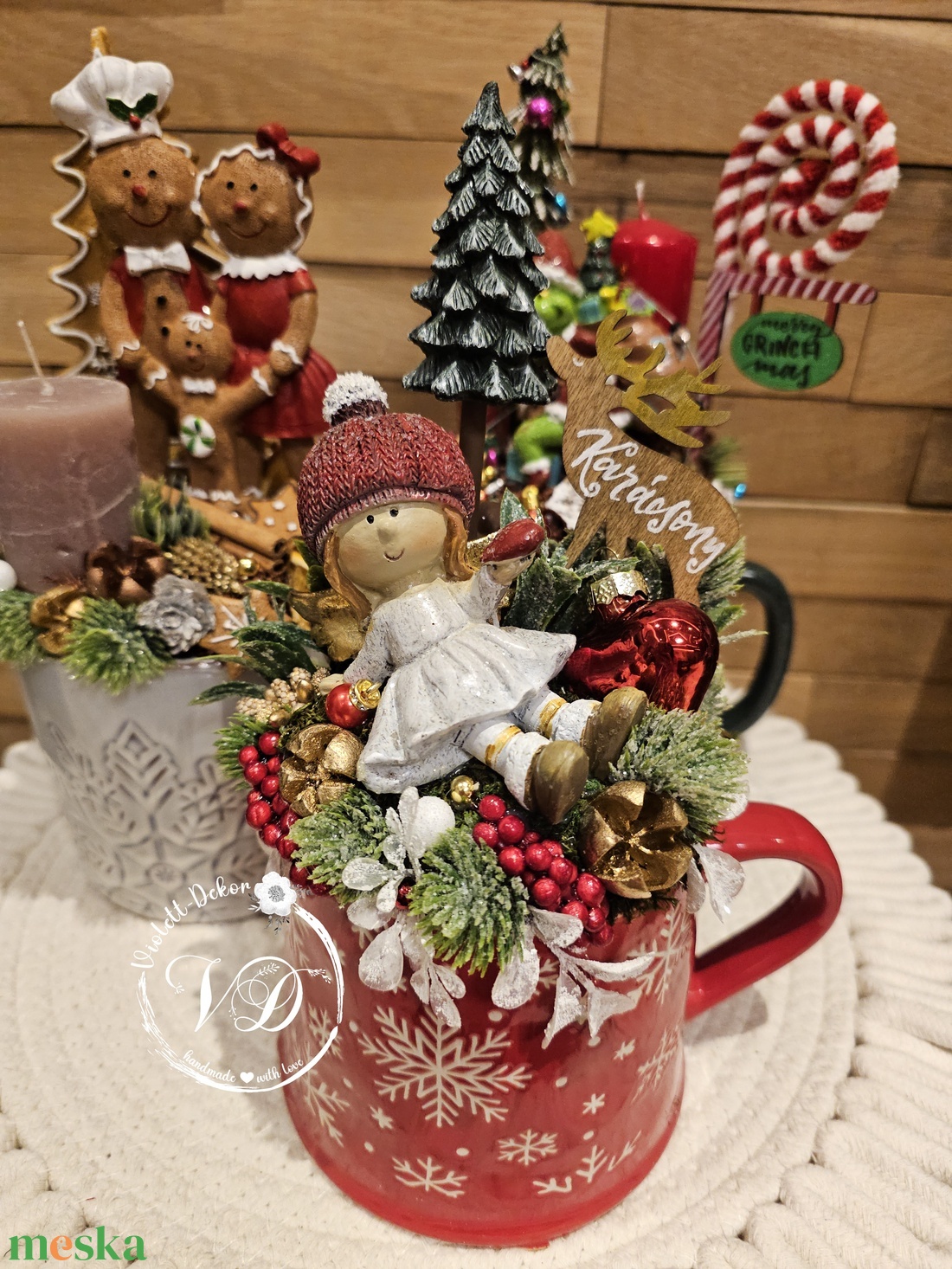 Kislány angyalka jelenetes óriás bögrés dekoráció - karácsony - karácsonyi lakásdekoráció - ünnepi asztaldekoráció - Meska.hu