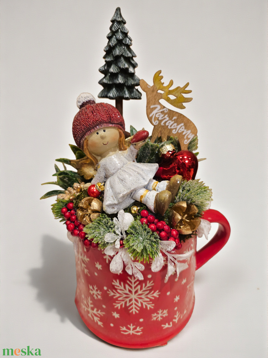 Kislány angyalka jelenetes óriás bögrés dekoráció - karácsony - karácsonyi lakásdekoráció - ünnepi asztaldekoráció - Meska.hu