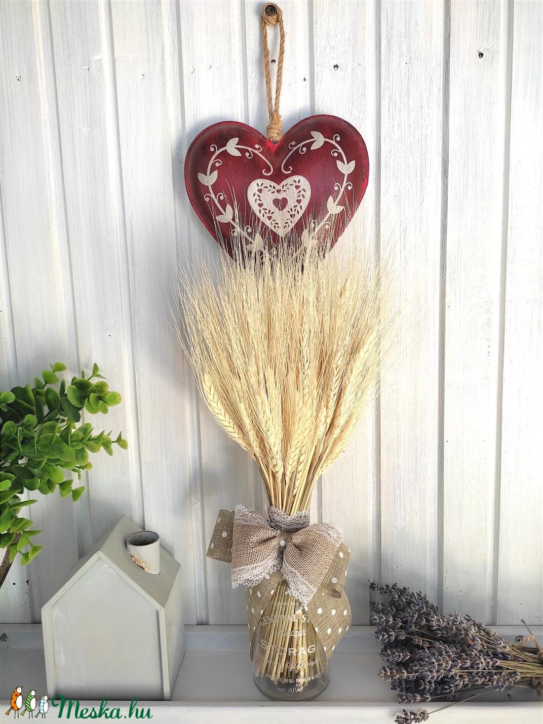 Száraz virág csokor: búza kalász 40 cm magas, natúr pöttyös szalaggal - otthon & életmód - dekoráció - Meska.hu
