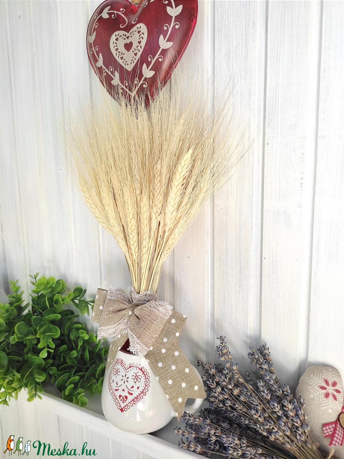 Száraz virág csokor: búza kalász 40 cm magas, natúr pöttyös szalaggal - otthon & életmód - dekoráció - Meska.hu