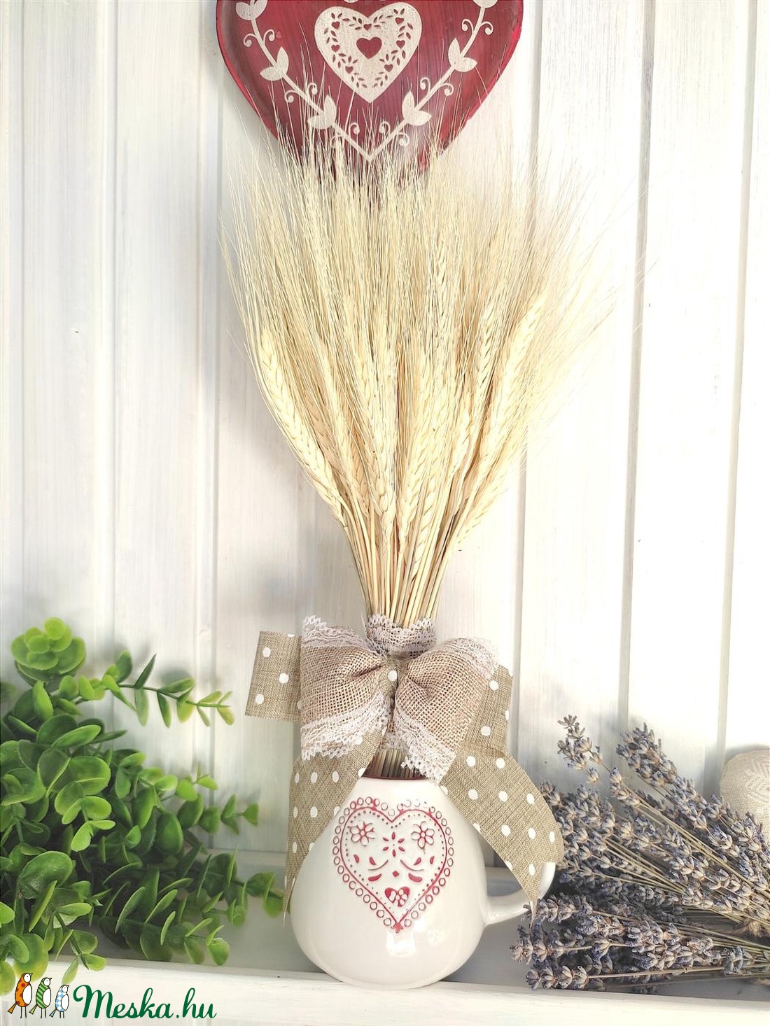Száraz virág csokor: búza kalász 40 cm magas, natúr pöttyös szalaggal - otthon & életmód - dekoráció - Meska.hu