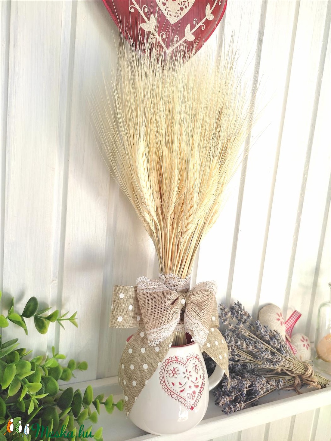 Száraz virág csokor: búza kalász 40 cm magas, natúr pöttyös szalaggal - otthon & életmód - dekoráció - Meska.hu