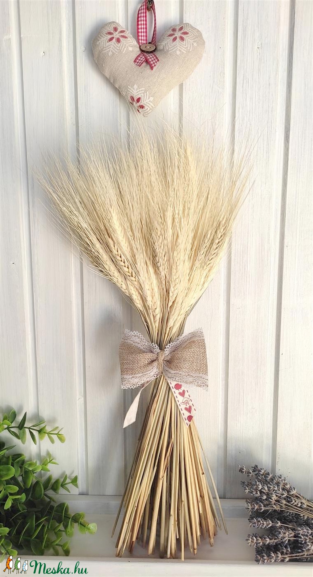 Száraz virág csokor: búza kalász 47 cm magas, natúr és szíves+madaras szalaggal - otthon & életmód - dekoráció - Meska.hu
