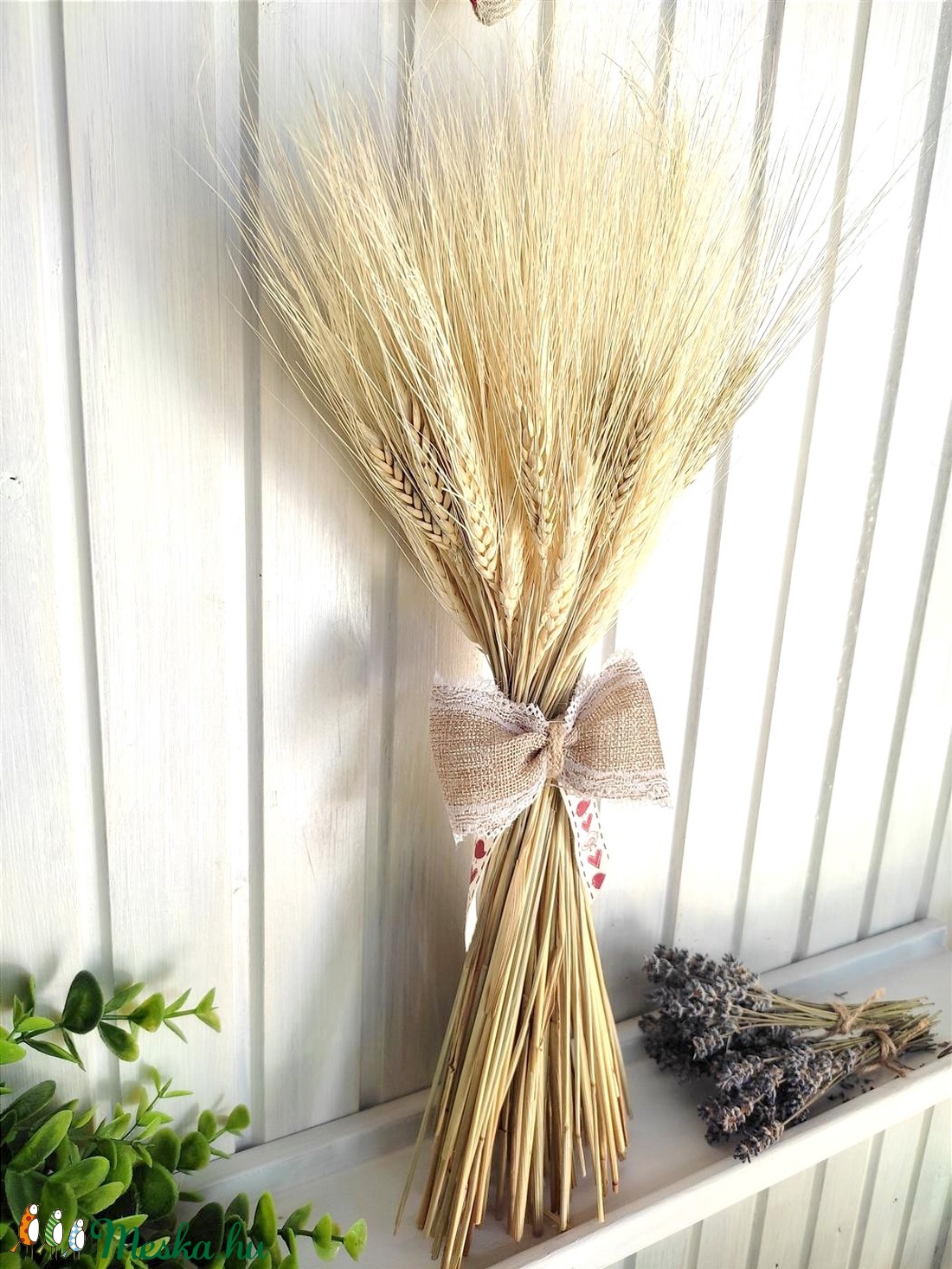 Száraz virág csokor: búza kalász 47 cm magas, natúr és szíves+madaras szalaggal - otthon & életmód - dekoráció - Meska.hu