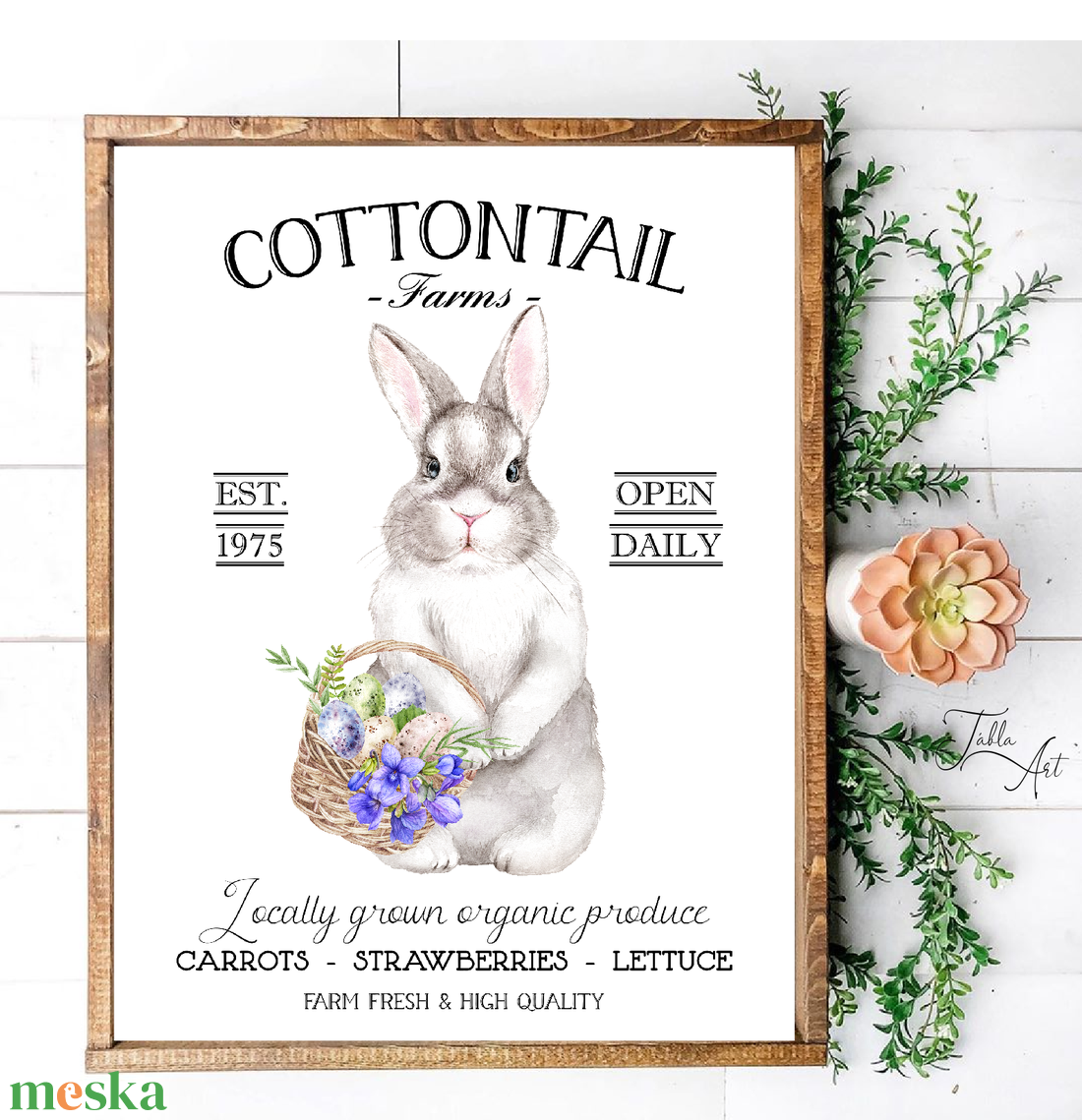 Cottontail farms - nyuszi kosárral 40x30 cm fa tábla vagy vászonkép különböző méretben, tavasz, húsvét - otthon & életmód - dekoráció - kép & falikép - táblakép - Meska.hu
