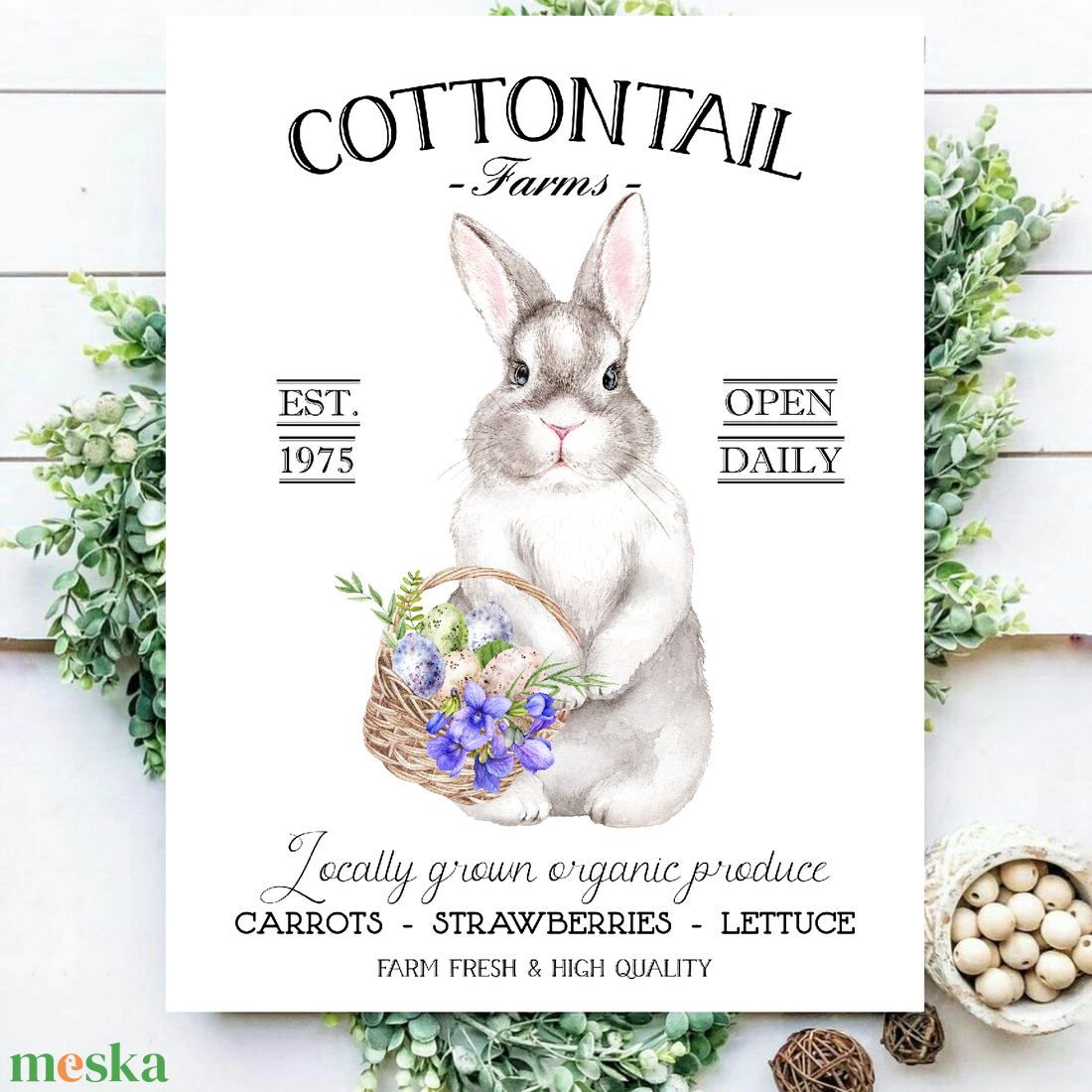 Cottontail farms - nyuszi kosárral 40x30 cm fa tábla vagy vászonkép különböző méretben, tavasz, húsvét - otthon & életmód - dekoráció - kép & falikép - táblakép - Meska.hu