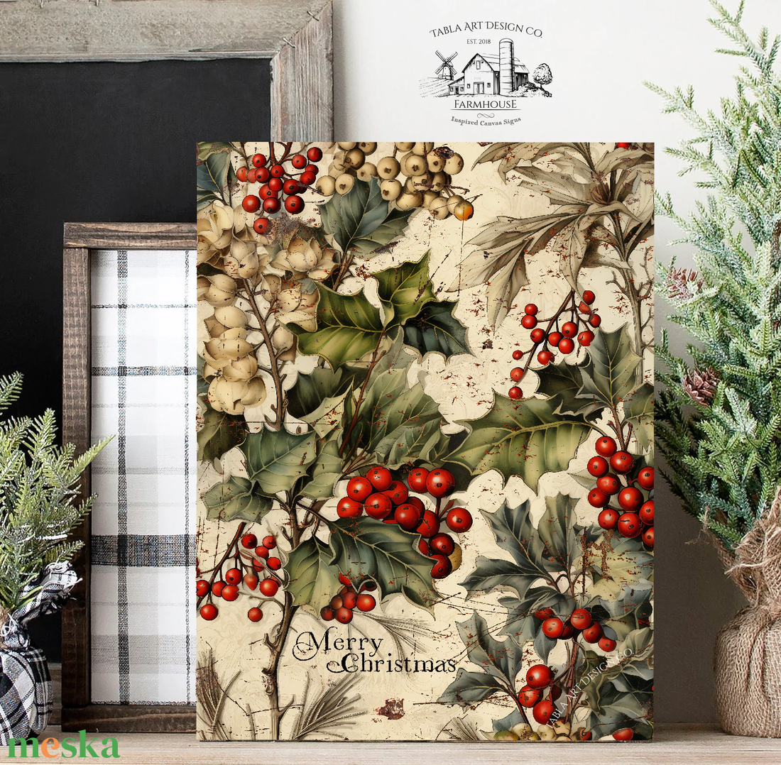 Merry Christmas (piros bogyók) - karácsonyi vászonkép különböző méretben - otthon & életmód - dekoráció - kép & falikép - táblakép - Meska.hu