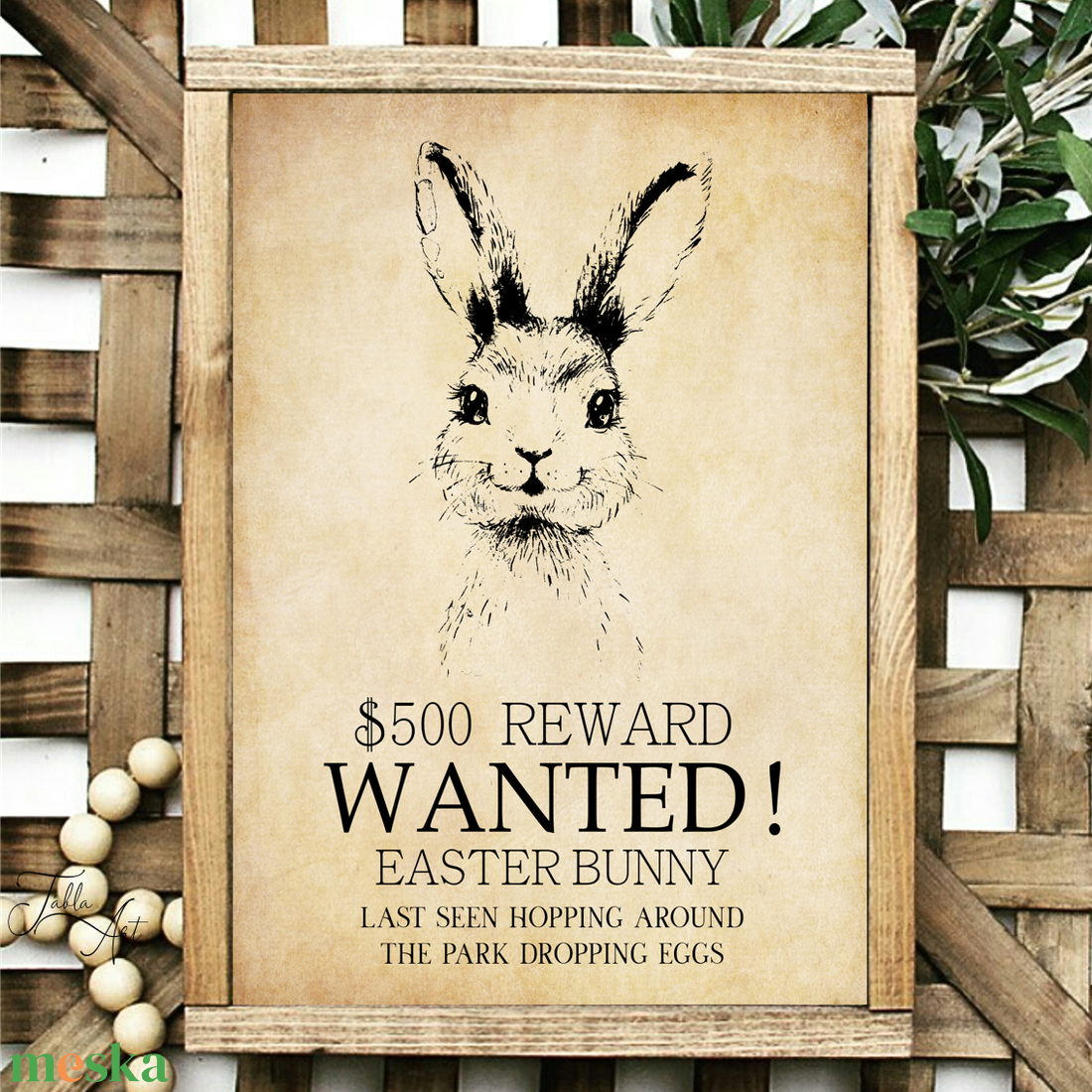 Wanted - Easter Bunny 40x30 cm tavaszi, húsvéti fa tábla - otthon & életmód - vallás - házi áldás - Meska.hu