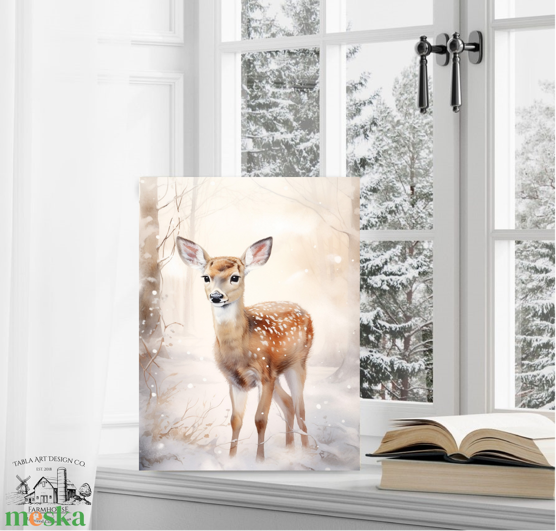 Őzike a hóban - téli, karácsonyi faldekoráció - vászonkép tekercs, 30x20 cm - otthon & életmód - dekoráció - kép & falikép - táblakép - Meska.hu