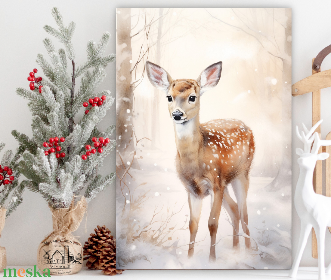 Őzike a hóban - téli, karácsonyi faldekoráció - vászonkép tekercs, 30x20 cm - otthon & életmód - dekoráció - kép & falikép - táblakép - Meska.hu