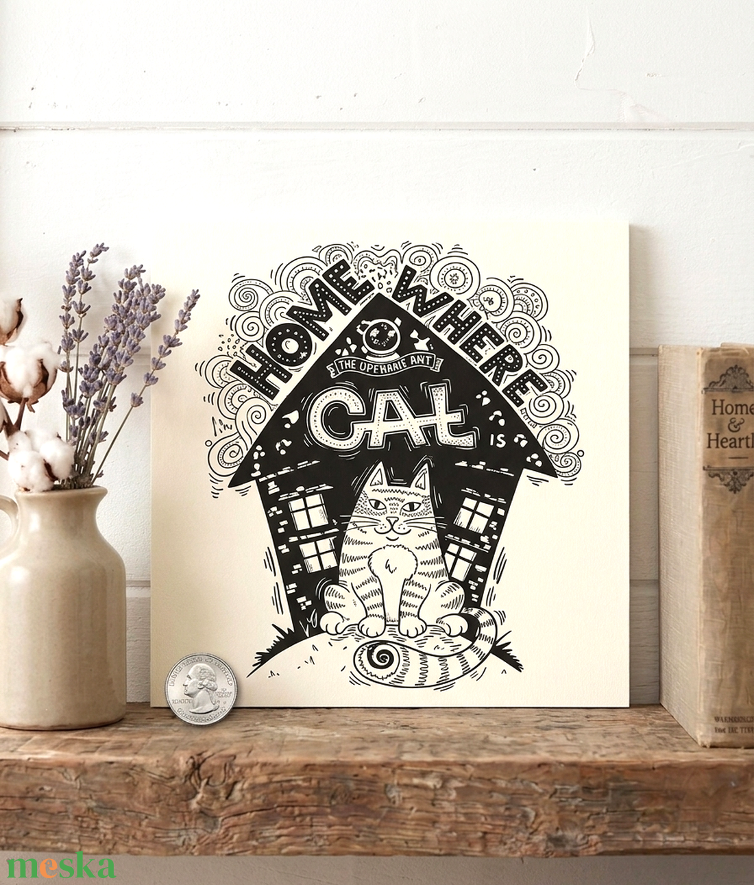 Home is where the cat is 20x20 cm fa tábla - otthon & életmód - dekoráció - kép & falikép - táblakép - Meska.hu