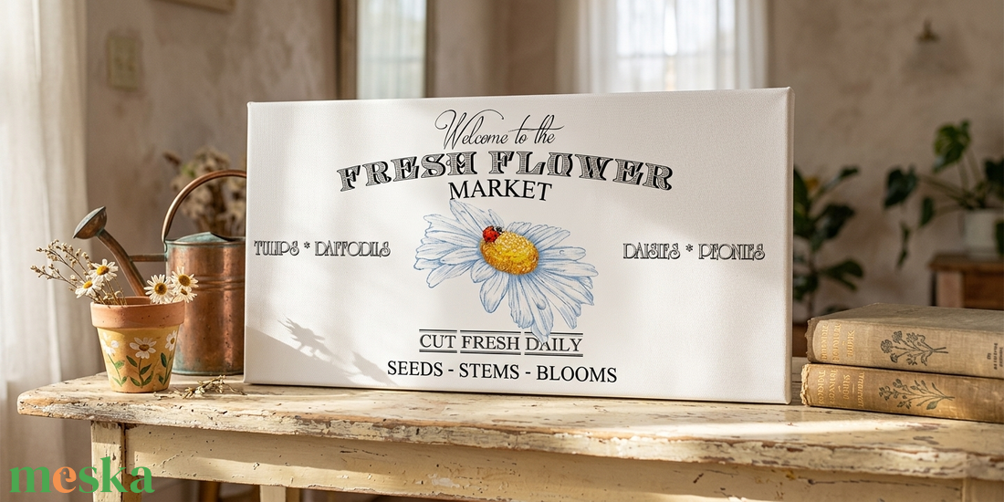Welcome to the fresh flower market - katica 40x20 cm fa tábla vagy vászonkép többféle méretben, húsvét, tavasz - otthon & életmód - dekoráció - kép & falikép - táblakép - Meska.hu