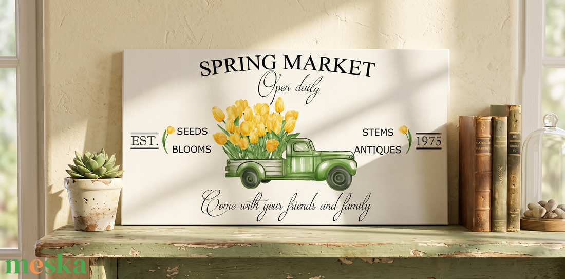 Spring market - sárga tulipánok 40x20 cm fa tábla vagy vászonkép különböző méretben, húsvét, tavasz, nyár - otthon & életmód - dekoráció - kép & falikép - táblakép - Meska.hu