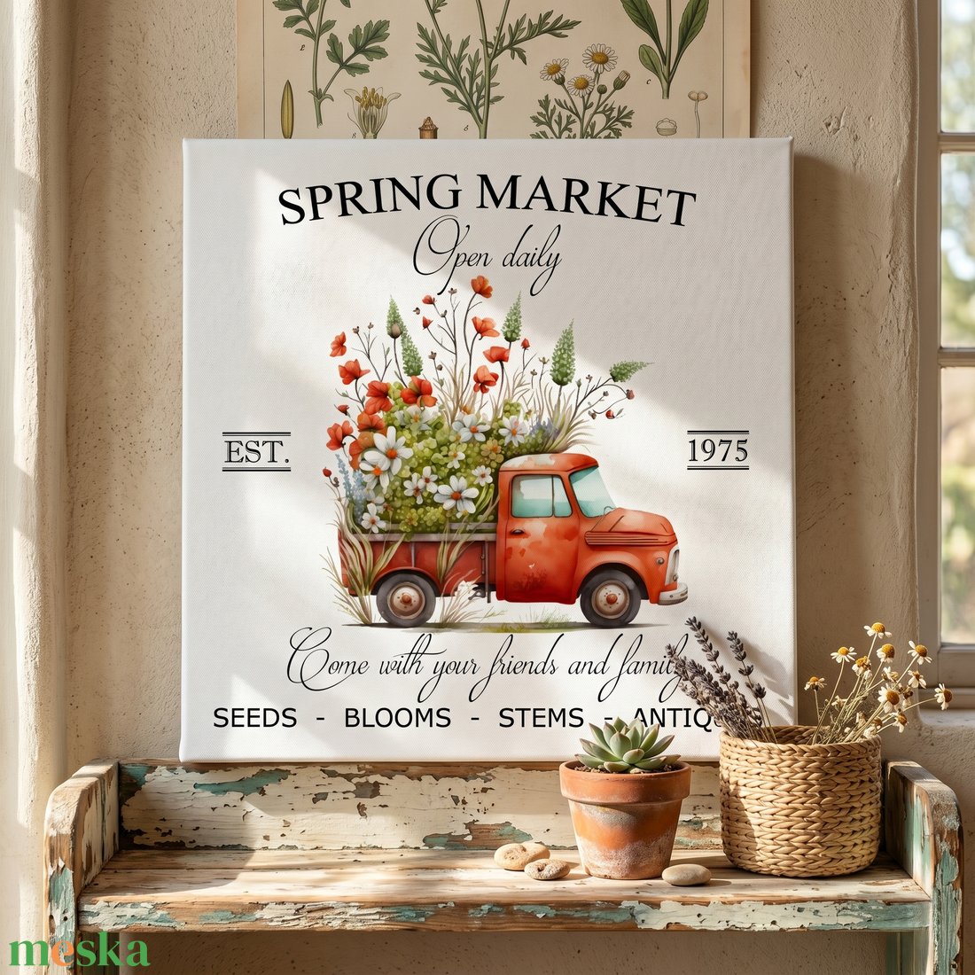 Spring market - piros autó 30x30 cm fa tábla vagy vászonkép különböző méretben, tavaszi, húsvéti dekoráció - otthon & életmód - dekoráció - kép & falikép - táblakép - Meska.hu