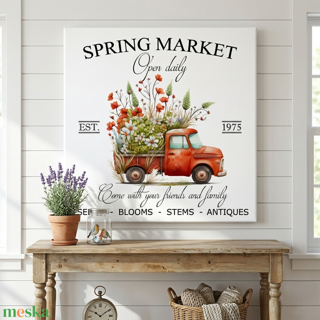Spring market - piros autó 30x30 cm fa tábla vagy vászonkép különböző méretben, tavaszi, húsvéti dekoráció - otthon & életmód - dekoráció - kép & falikép - táblakép - Meska.hu