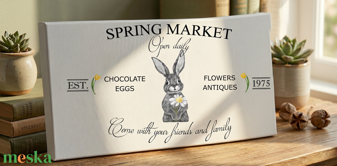Spring market - nyuszi 40x20 cm fa tábla, húsvét - otthon & életmód - dekoráció - kép & falikép - táblakép - Meska.hu