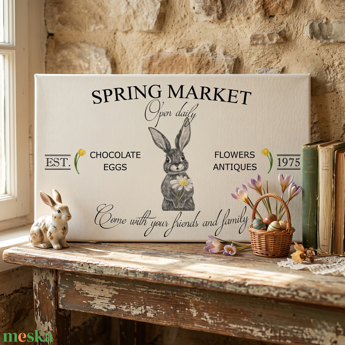 Spring market - nyuszi 40x20 cm fa tábla, húsvét - otthon & életmód - dekoráció - kép & falikép - táblakép - Meska.hu
