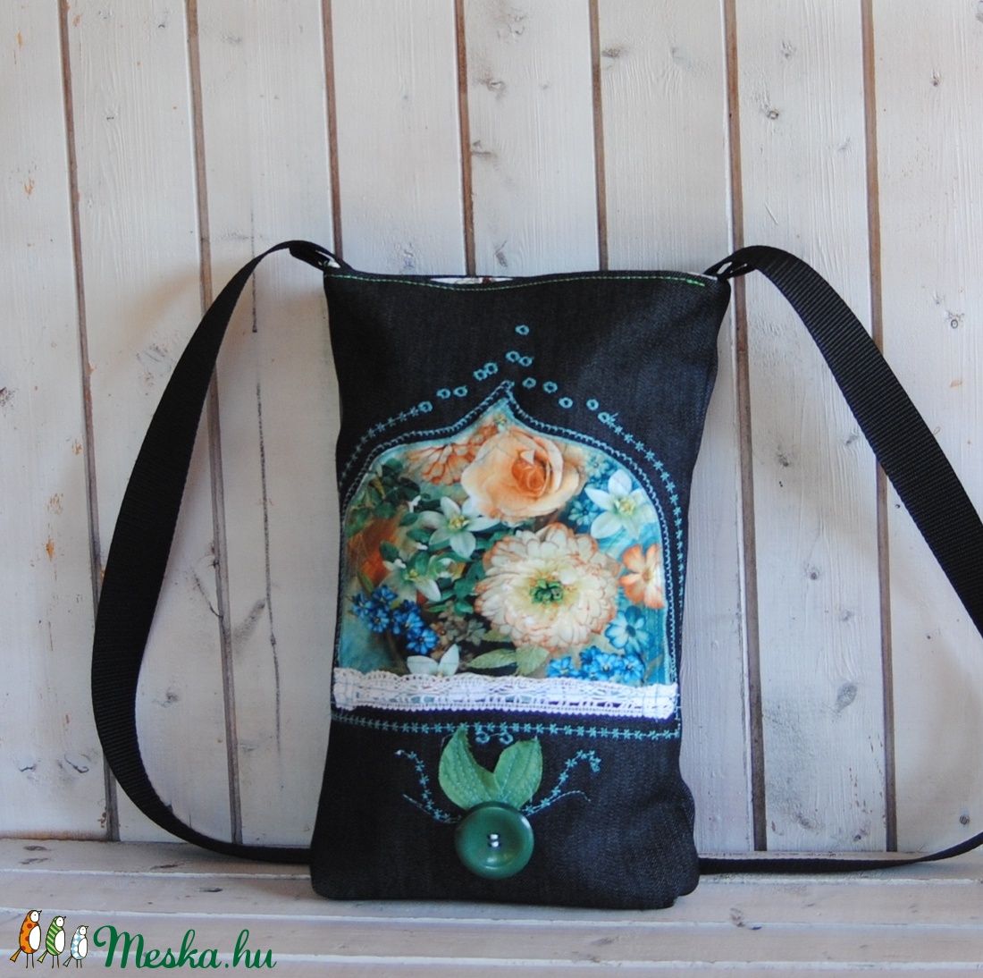 Rita- színes mintás textillel díszített és hímzett farmertáska - táska & tok - kézitáska & válltáska - vállon átvethető táska - Meska.hu