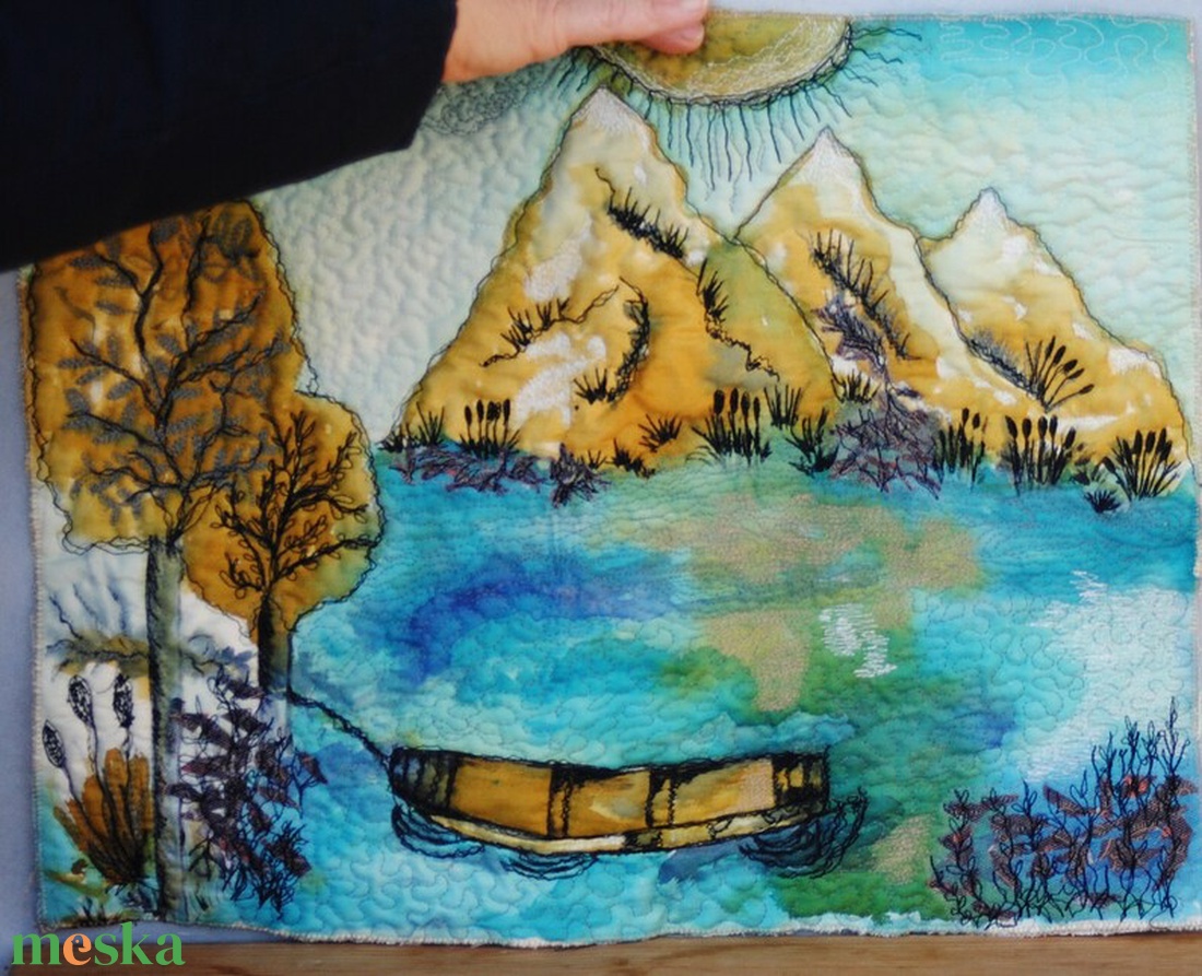 Csónakos- vízpart hegyekkel kézzel festett tűzött falikép - otthon & lakás - dekoráció - kép & falikép - fából készült kép - Meska.hu