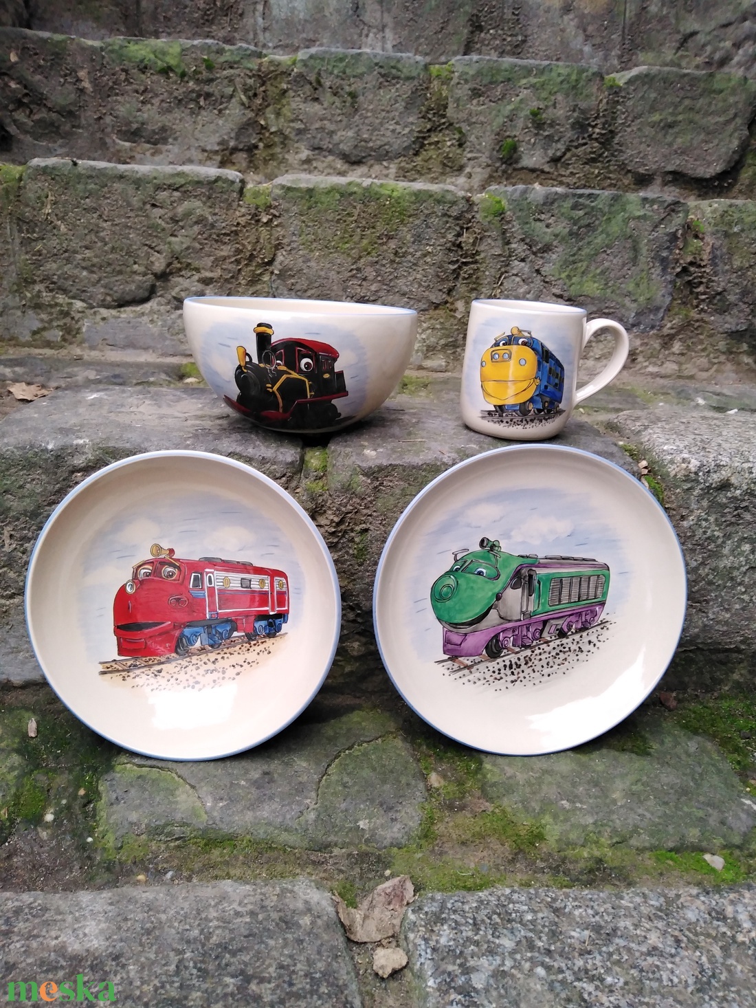 Vonatos készlet - otthon & életmód - konyhafelszerelés, tálalás - tálalás - tányér & étkészlet - Meska.hu