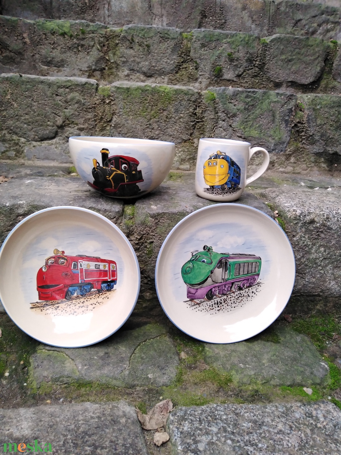 Vonatos készlet - otthon & életmód - konyhafelszerelés, tálalás - tálalás - tányér & étkészlet - Meska.hu